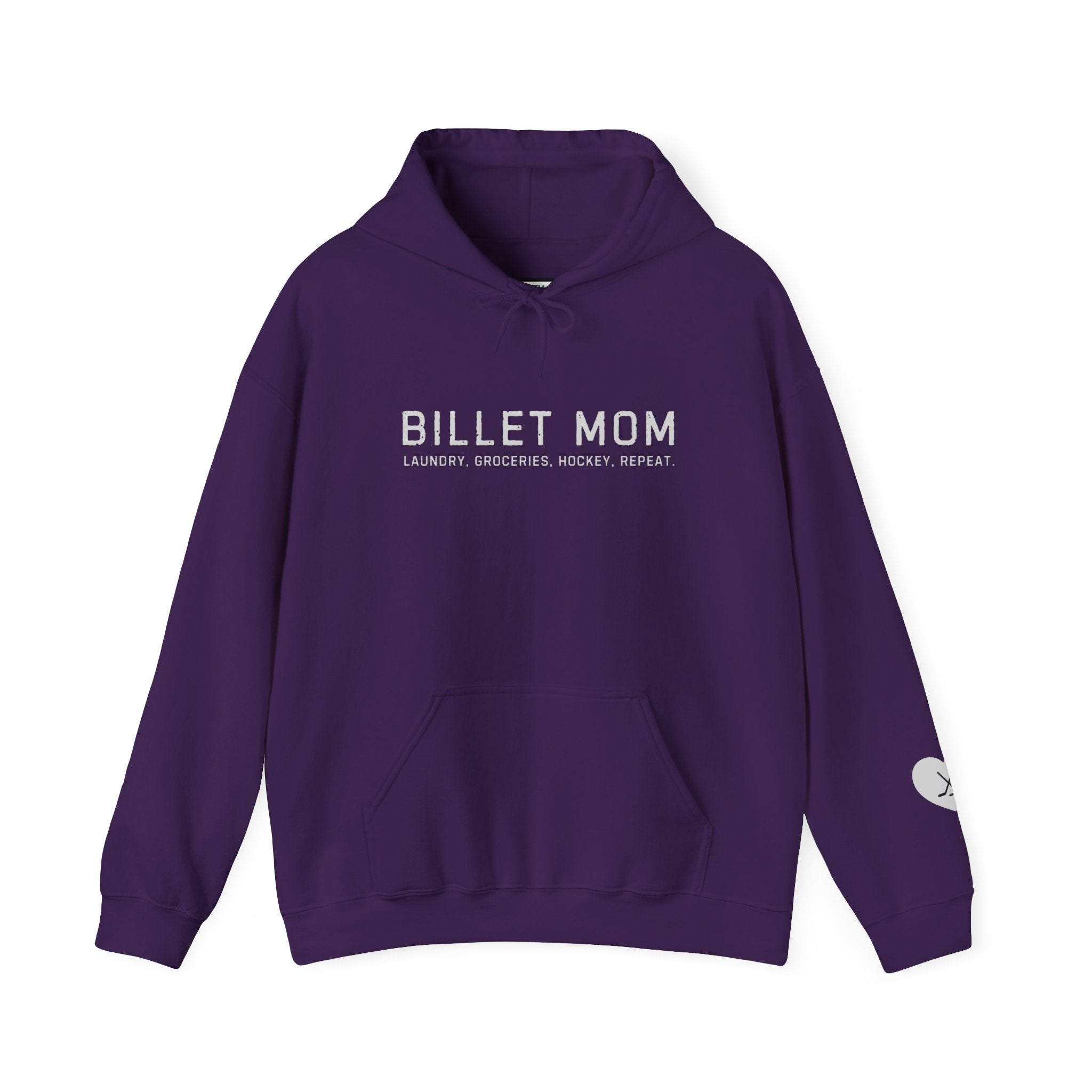 Billet Mom hockey hoodie with “Laundry. Groceries. Hockey. Repeat.” design celebrating junior hockey billet families