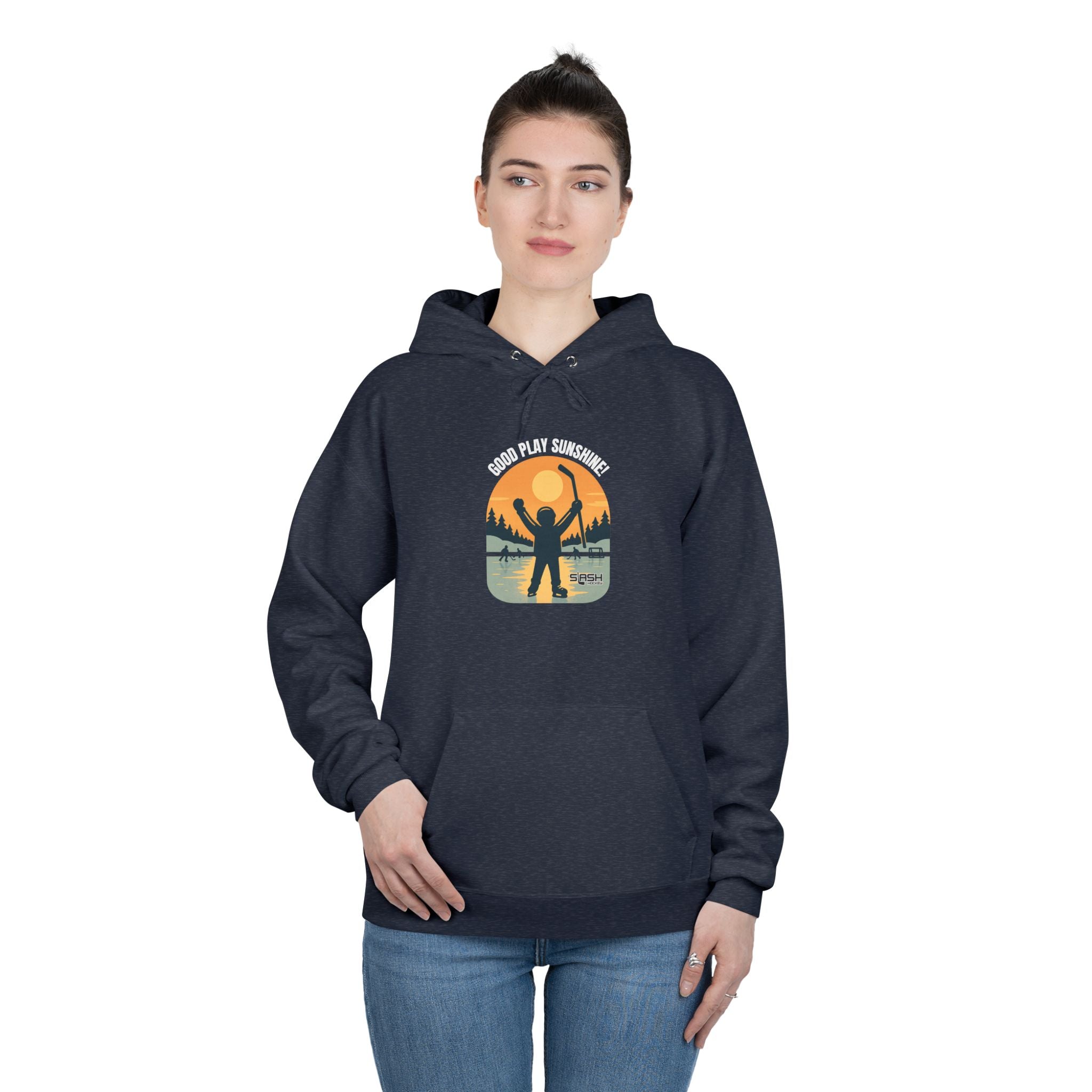 Female model wearing the Good Play Sunshine! Hoodie by Slash Hockey, styled casually for everyday comfort, featuring the retro pond hockey sunrise design.