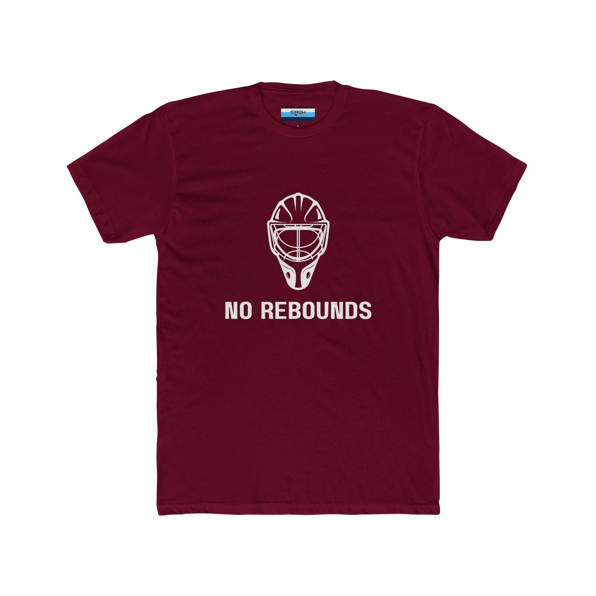No Rebounds Tee, front view — hockey t-shirt featuring a bold goalie-themed “No Rebounds” graphic on the chest, classic athletic fit, displayed on a plain background.