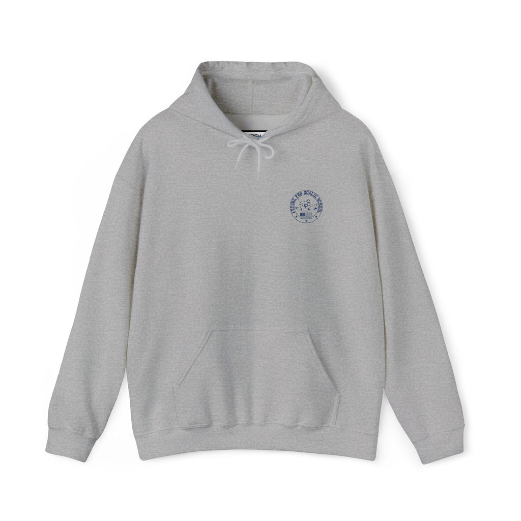 Front view of the grey Future Pro USA Goalie School Hoodie featuring the embroidered chest emblem and front kangaroo pocket.