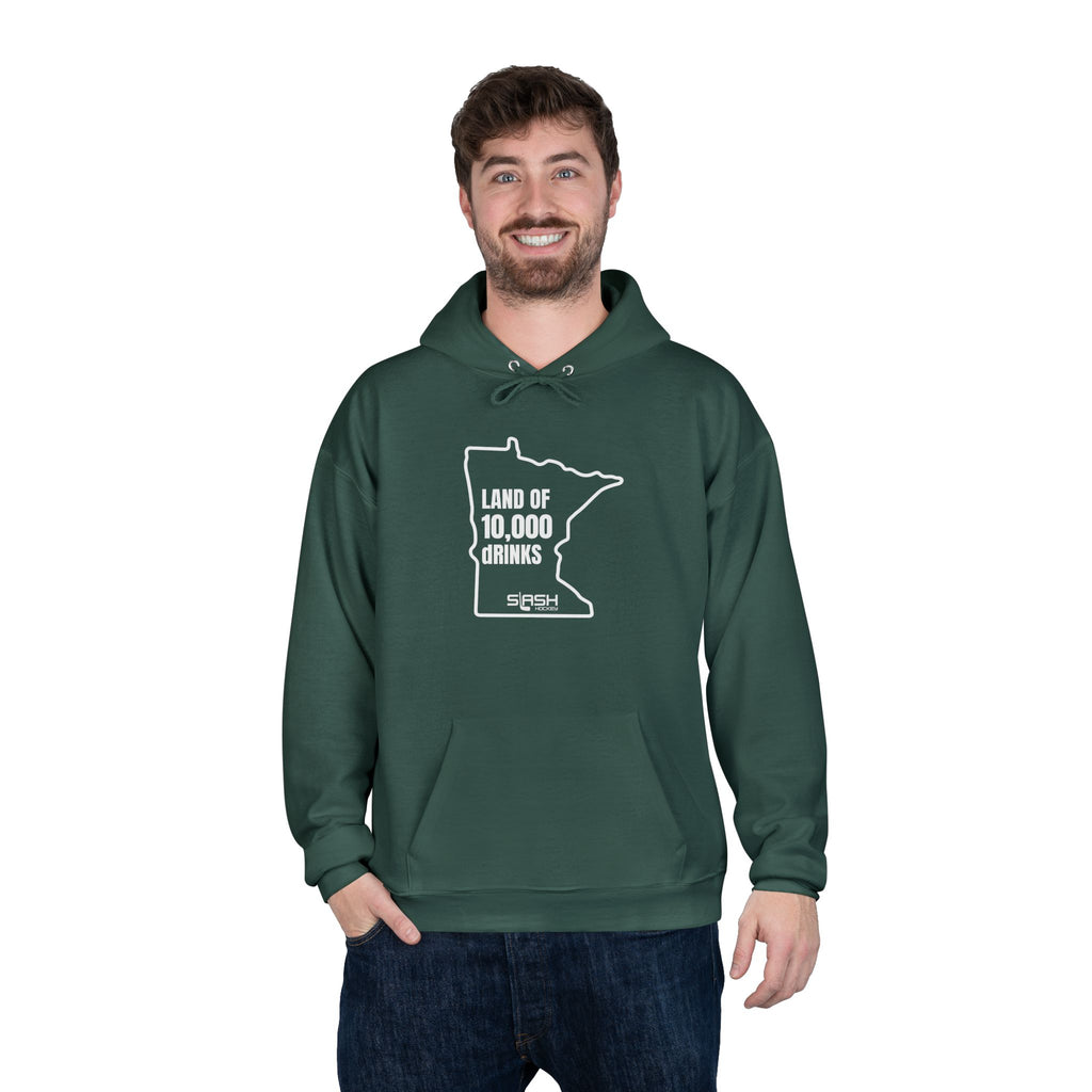 Male model wearing “Land of 10,000 dRINKS” Minnesota hockey hoodie, styled casually for rink and post-game beers.