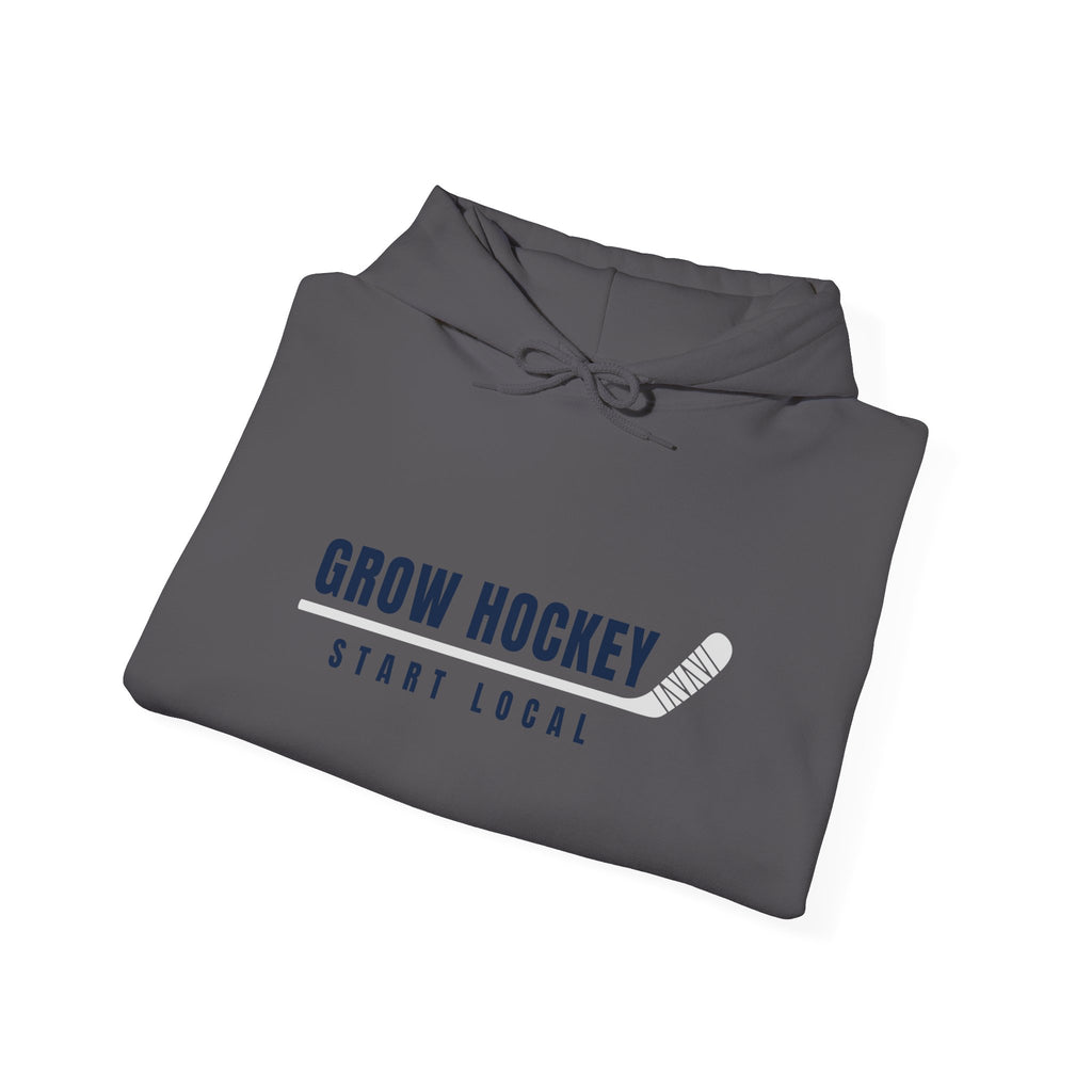 Folded Grow Hockey Start Local hoodie showing bold front graphic with taped hockey stick detail.