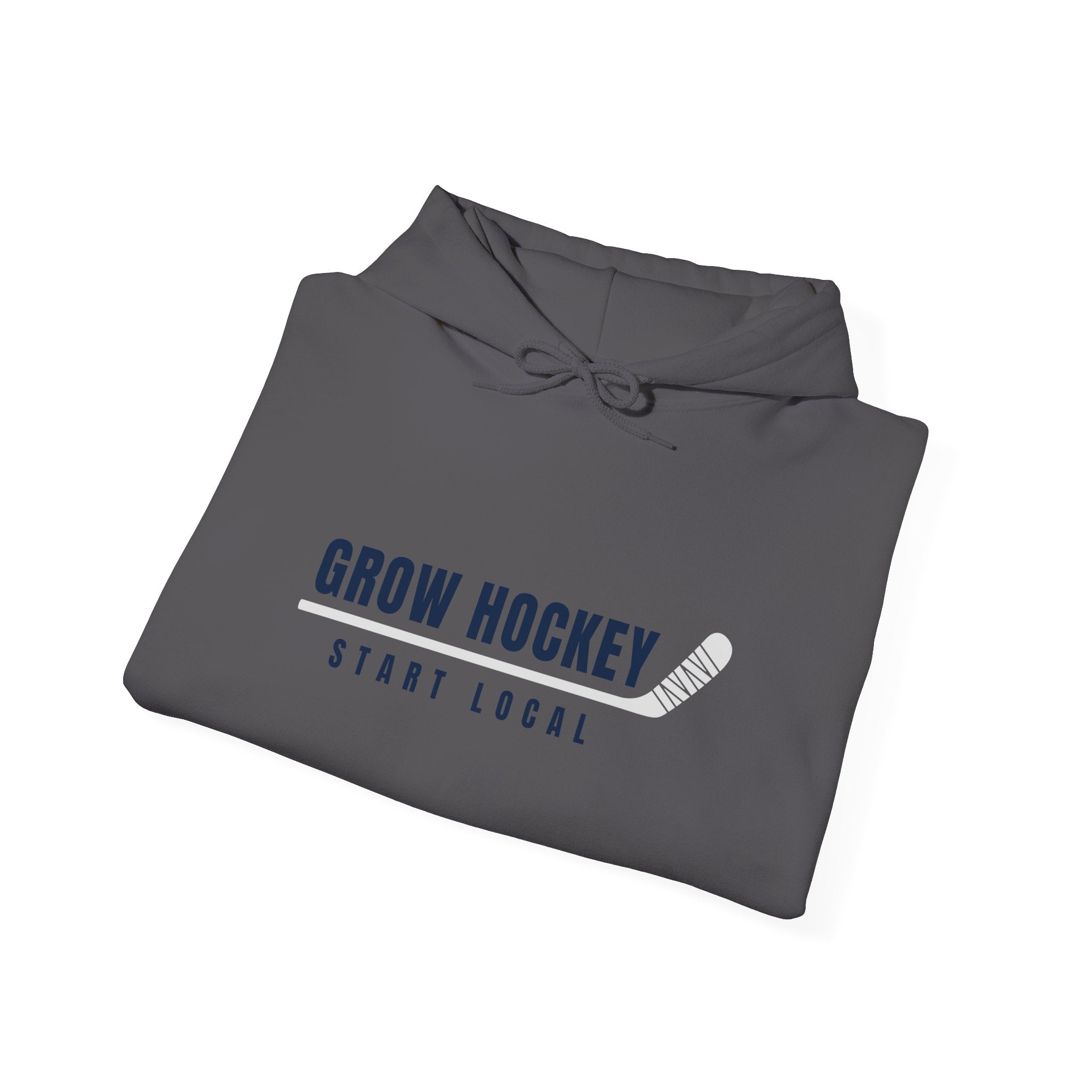 Folded Grow Hockey Start Local hoodie showing bold front graphic with taped hockey stick detail.