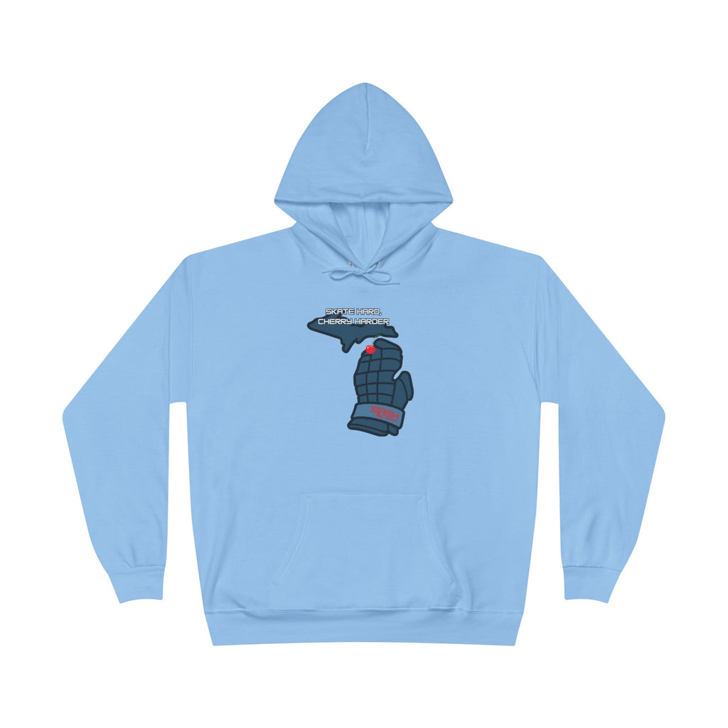 “Cherry Michigan Hockey Hoodie front view — bold graphic featuring Michigan outline with cherry design, printed in navy, sky blue, and white on premium cotton-blend hoodie.”