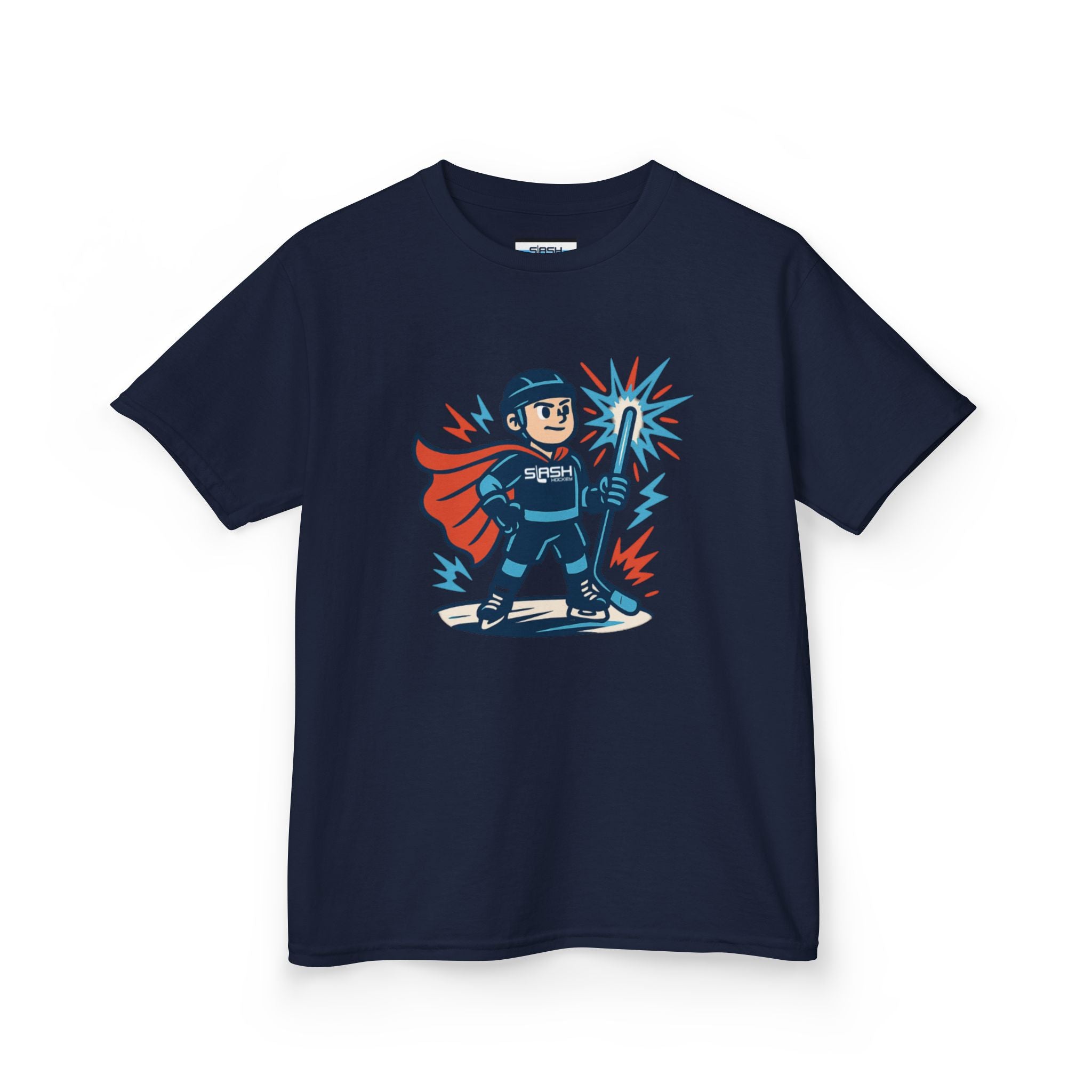 Front view of Slashman Youth Tee hockey t-shirt by Slash Hockey