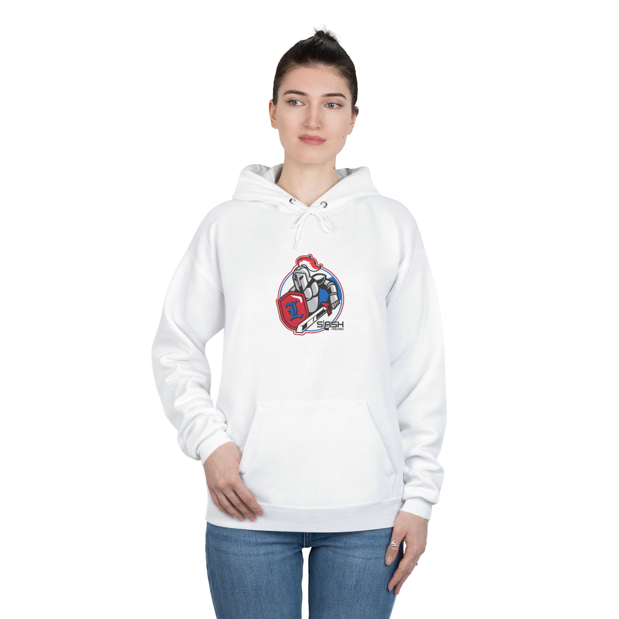 “LHA Hockey Hoodie lifestyle photo — model wearing Livonia Hockey Association hoodie, cozy cotton-blend design for players, parents, and fans on and off the ice.”