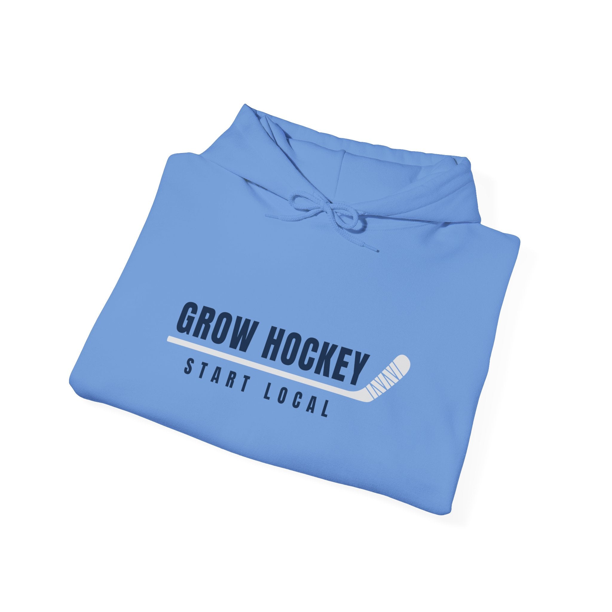 Folded Grow Hockey Start Local hoodie showing bold front graphic with taped hockey stick detail.