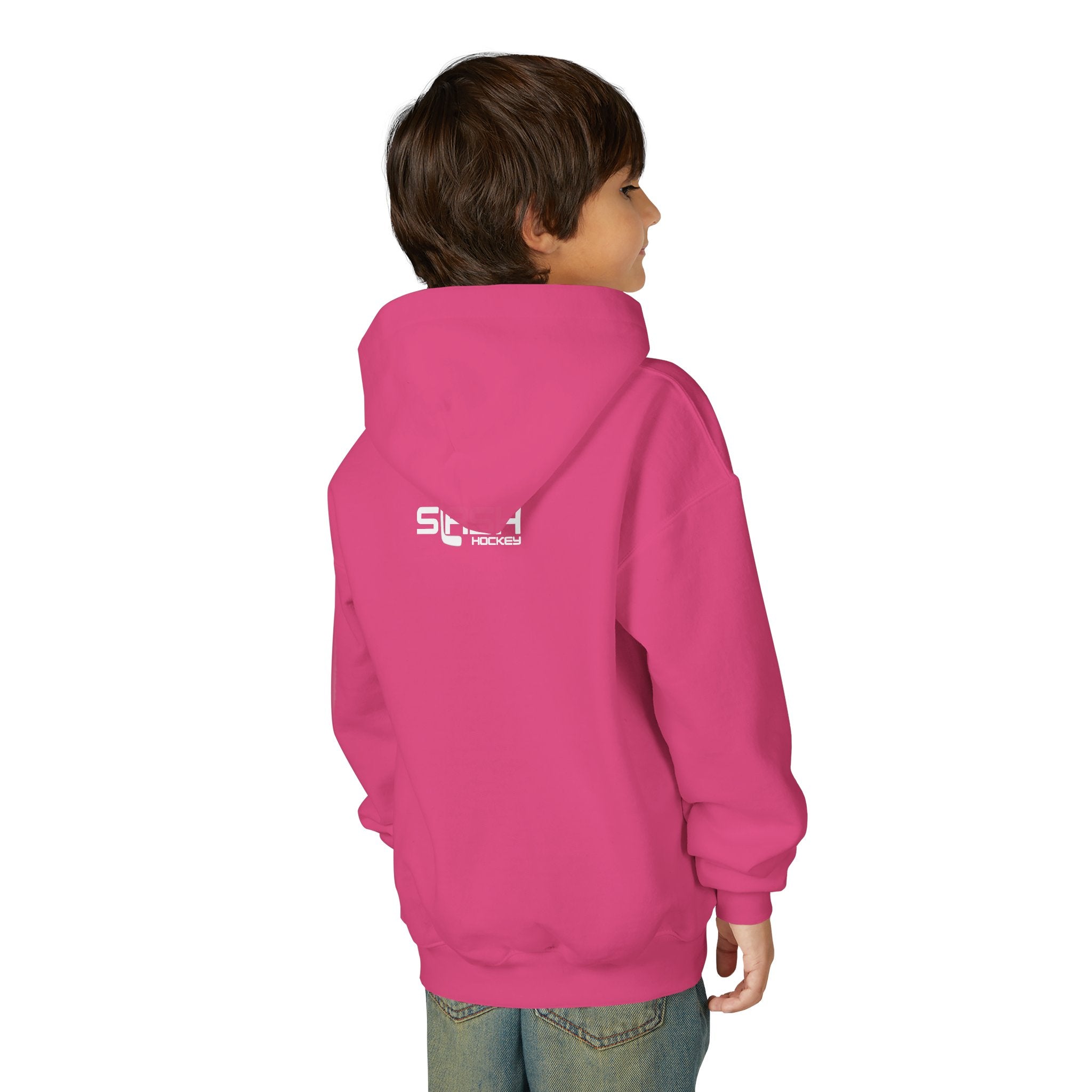 Boy wearing the Youth Slash Hockey Hoodie, back view, showing hoodie fit and style.