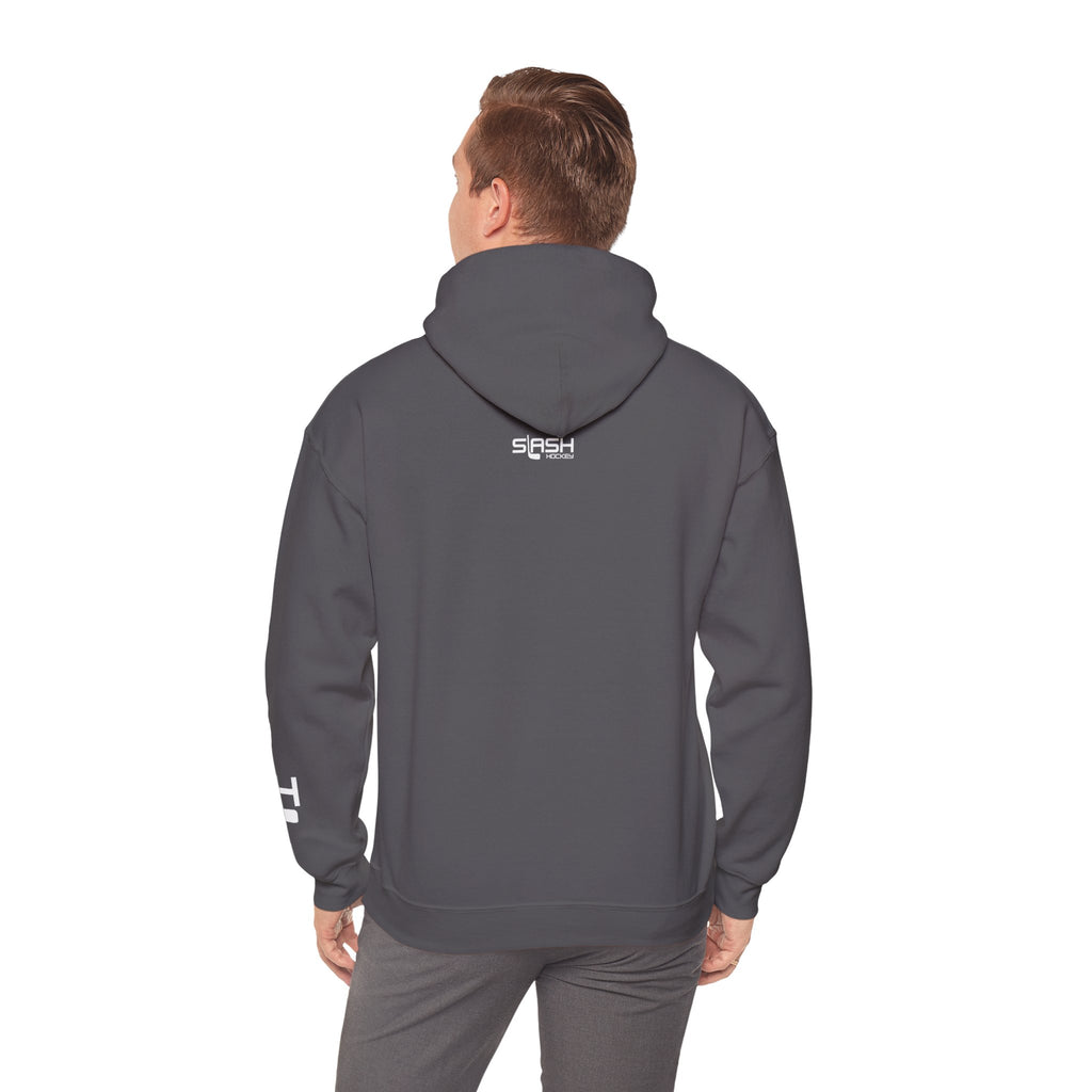 Male model shown from back wearing solid color Grow Hockey hoodie with clean minimalist rear design.
