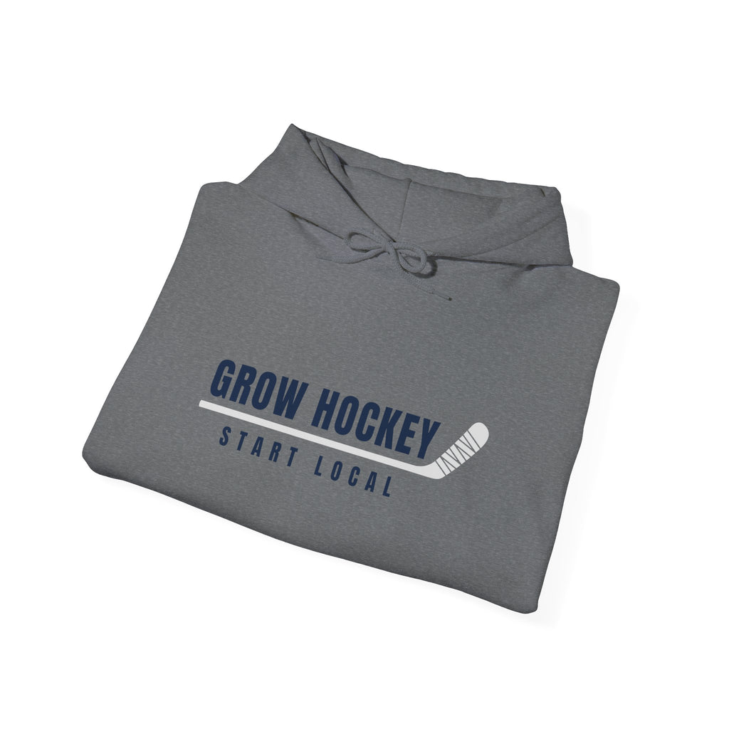 Folded Grow Hockey Start Local hoodie showing bold front graphic with taped hockey stick detail.