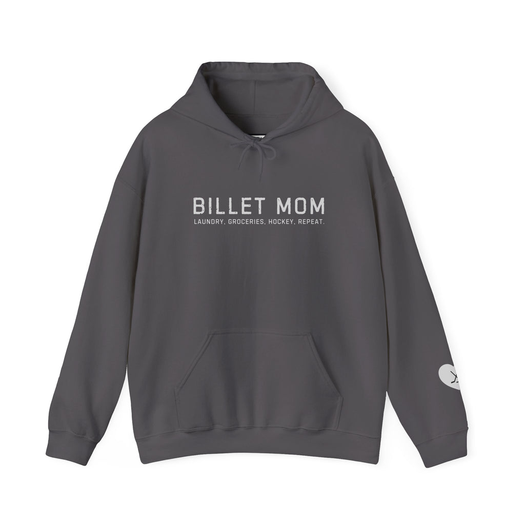 Billet Mom hockey hoodie with “Laundry. Groceries. Hockey. Repeat.” design celebrating junior hockey billet families