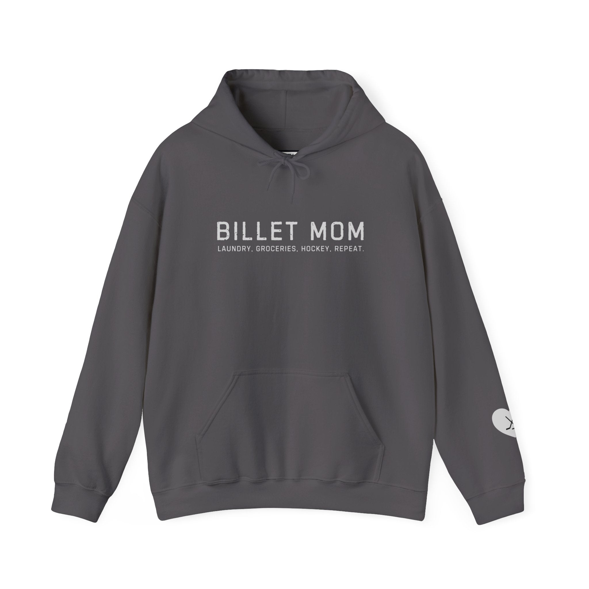Billet Mom hockey hoodie with “Laundry. Groceries. Hockey. Repeat.” design celebrating junior hockey billet families