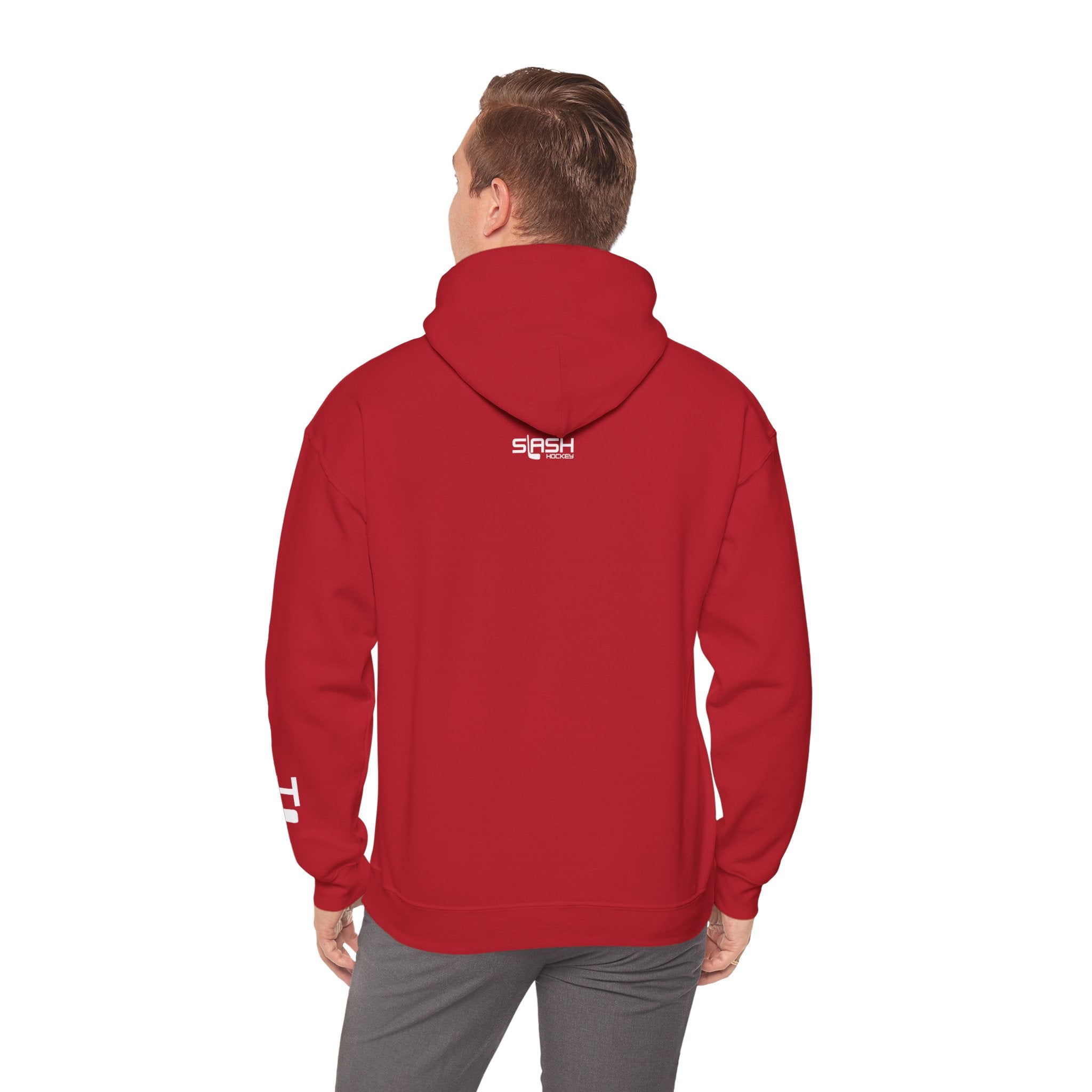 Male model shown from back wearing solid color Grow Hockey hoodie with clean minimalist rear design.