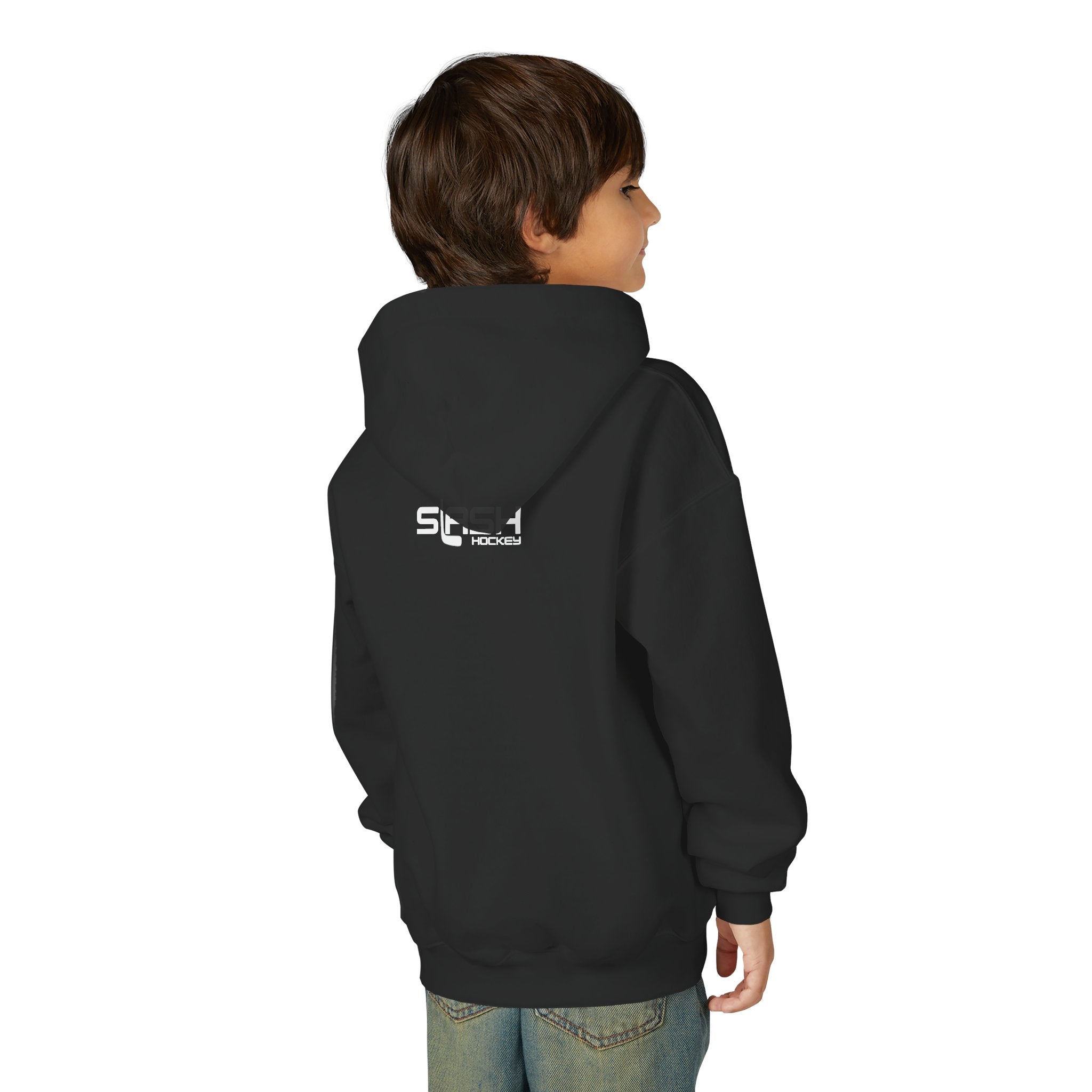 Boy wearing the Youth Slash Hockey Hoodie, back view, showing hoodie fit and style.