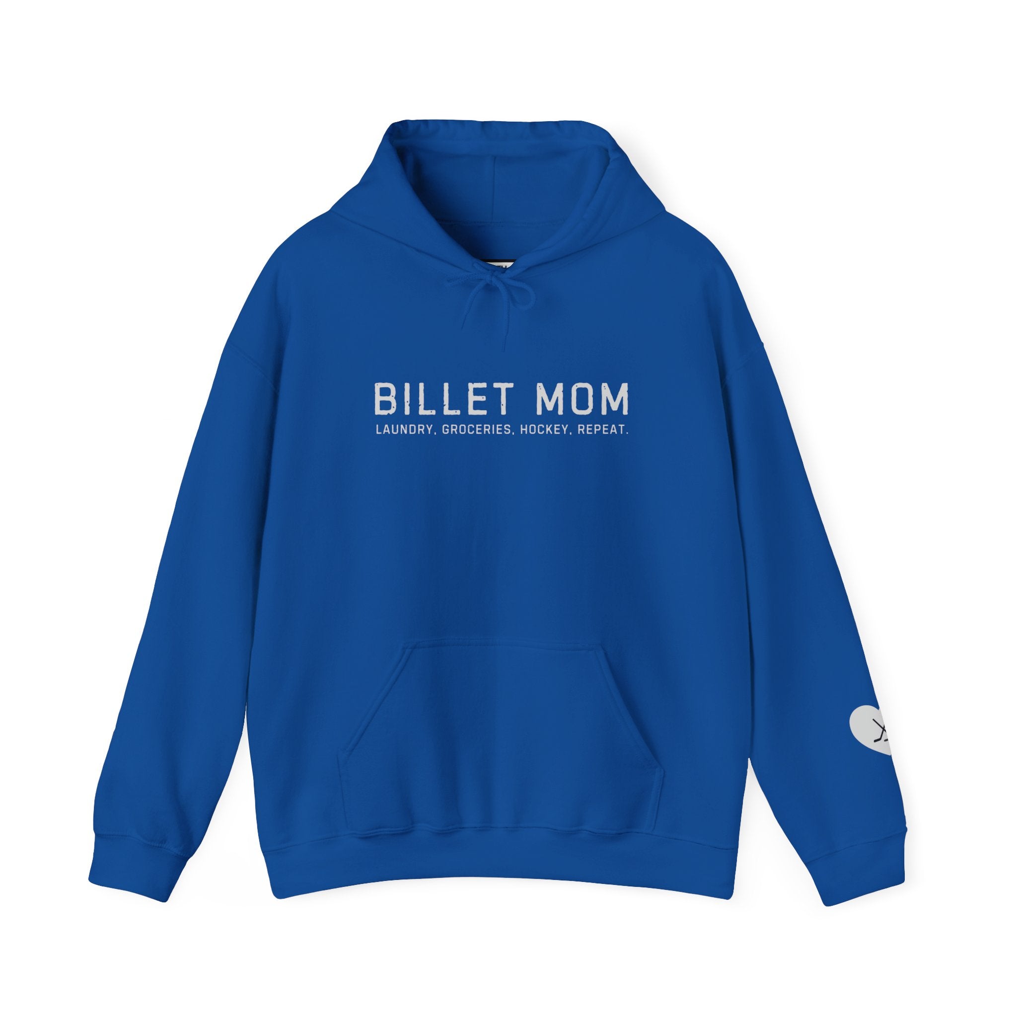 Billet Mom hockey hoodie with “Laundry. Groceries. Hockey. Repeat.” design celebrating junior hockey billet families
