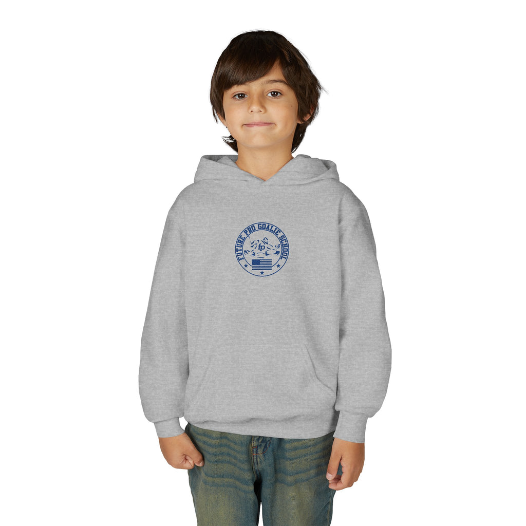 Young male model wearing the grey Youth Future Pro USA Hoodie, showcasing the front graphic and relaxed fit in a casual setting.