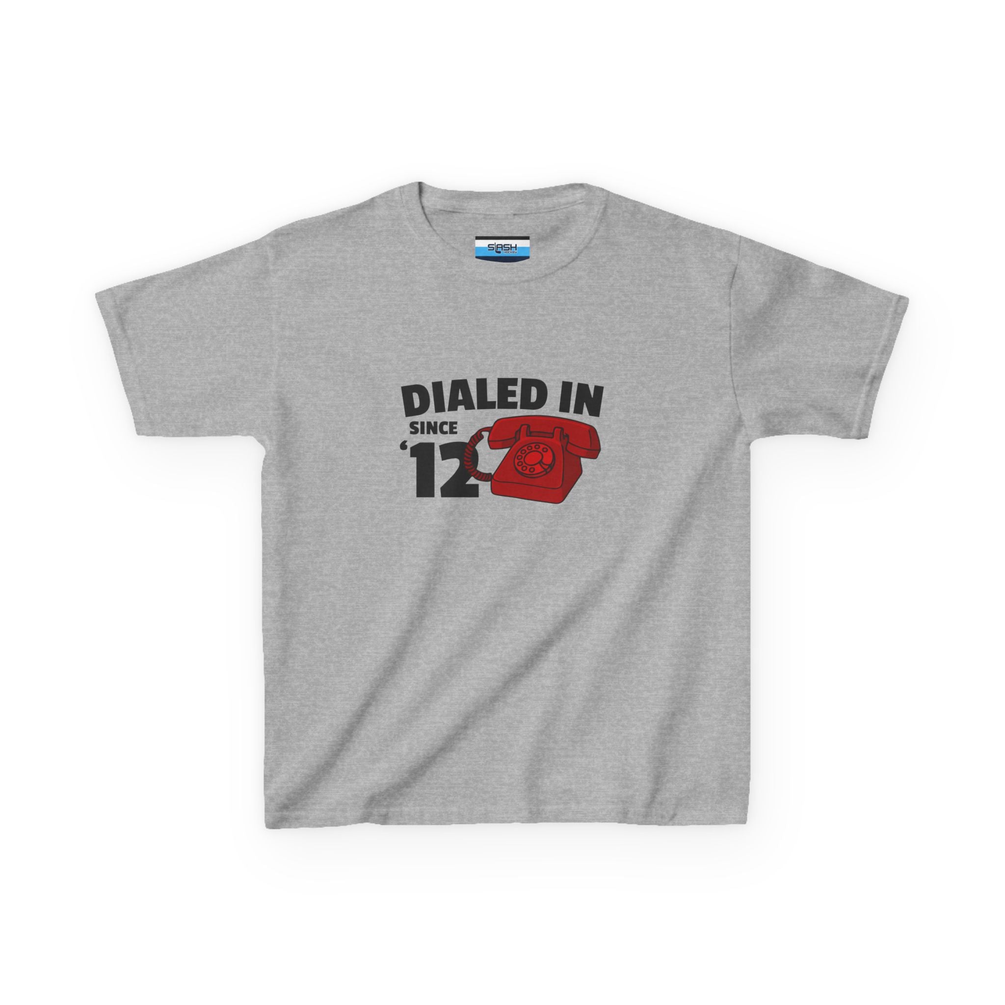 Youth Dialed In Since ’12 Tee, front view — youth hockey t-shirt featuring a bold “Dialed In Since ’12” graphic on the chest, clean athletic fit, displayed on a plain background.