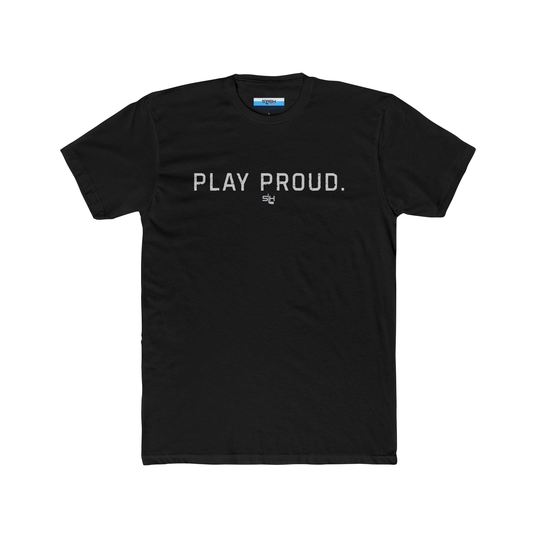 Play Proud hockey t-shirt front design featuring bold athletic block lettering 