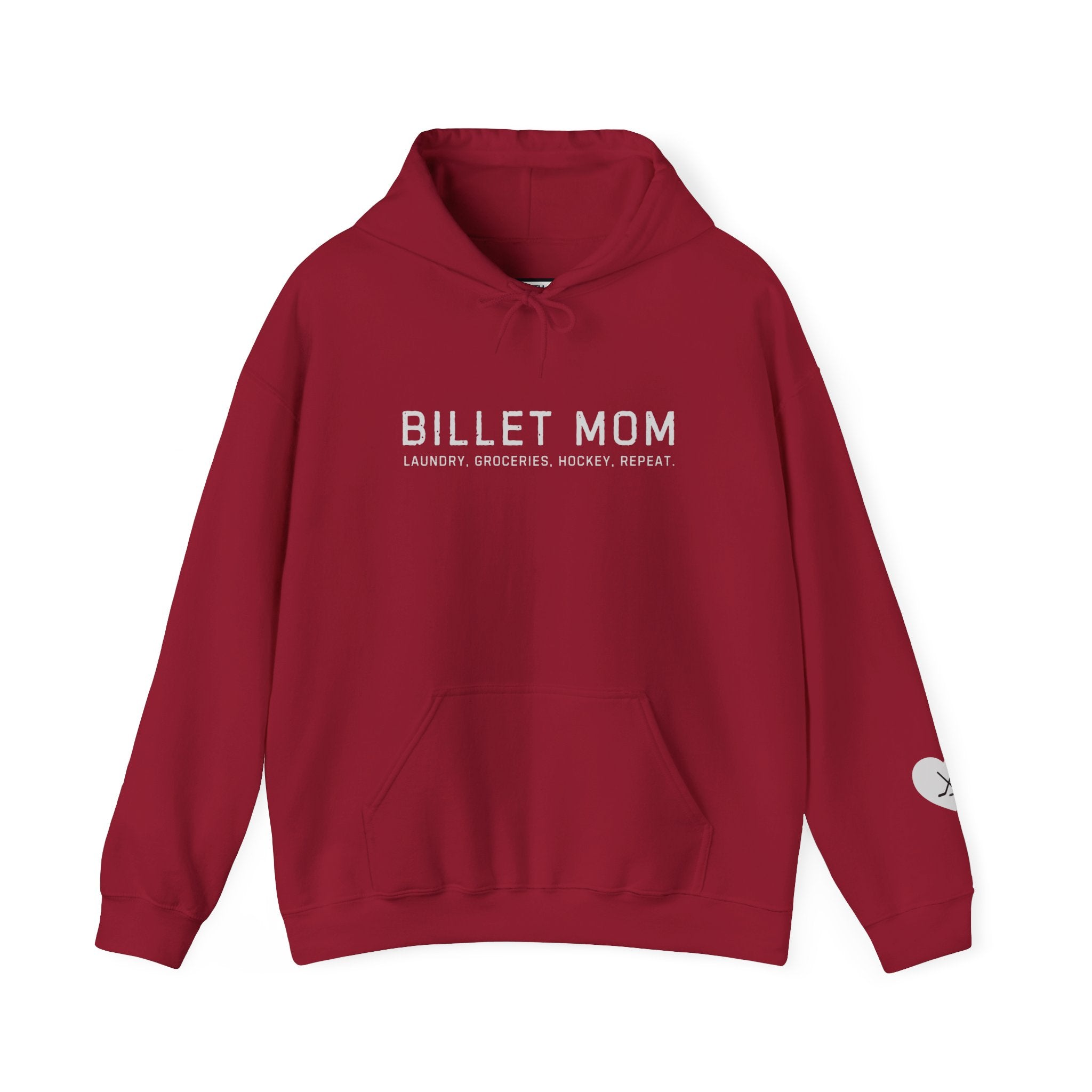 Billet Mom hockey hoodie with “Laundry. Groceries. Hockey. Repeat.” design celebrating junior hockey billet families