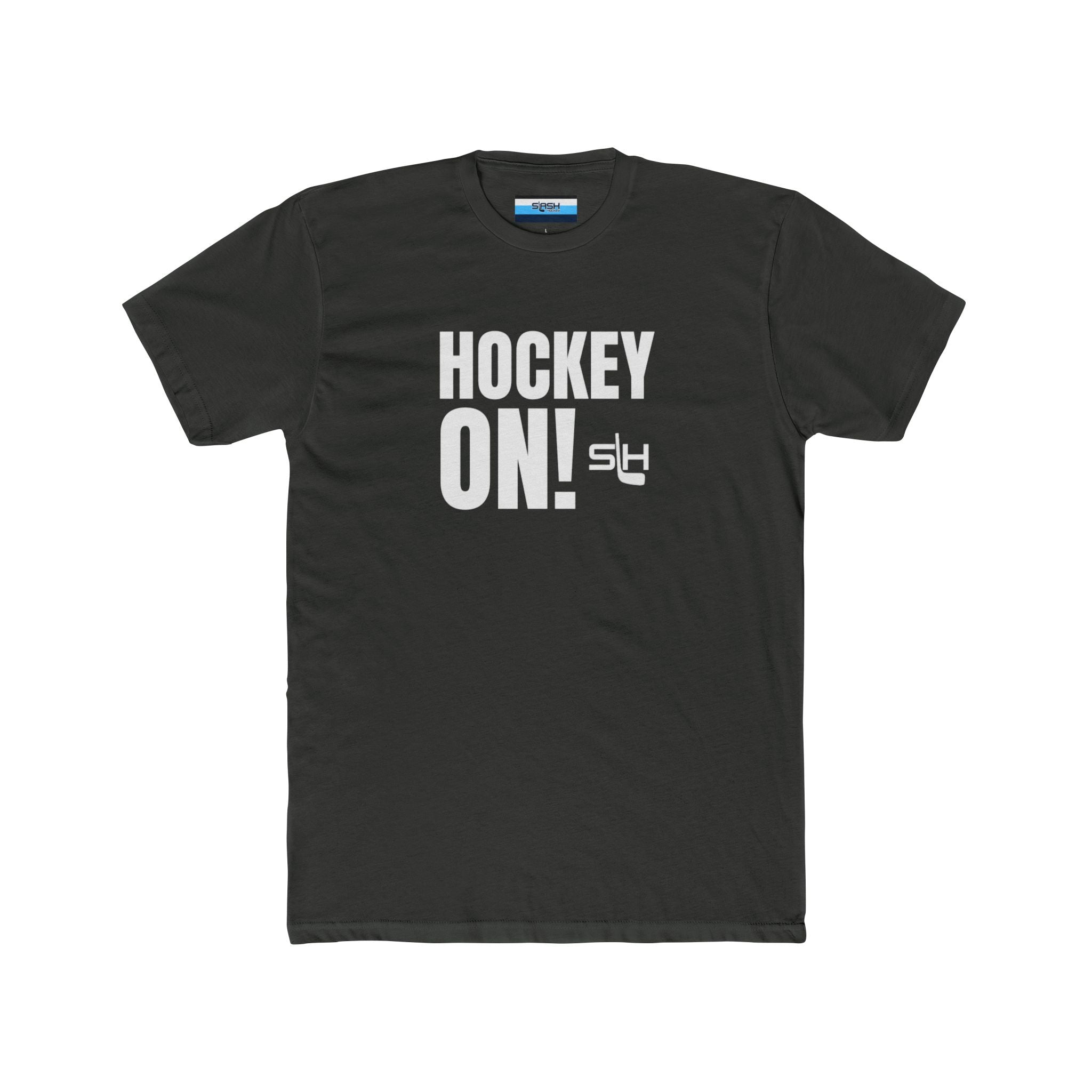 “Hockey On! t-shirt front view — bold varsity-style text design with hockey-inspired graphics in navy, sky blue, and white on premium cotton tee.”