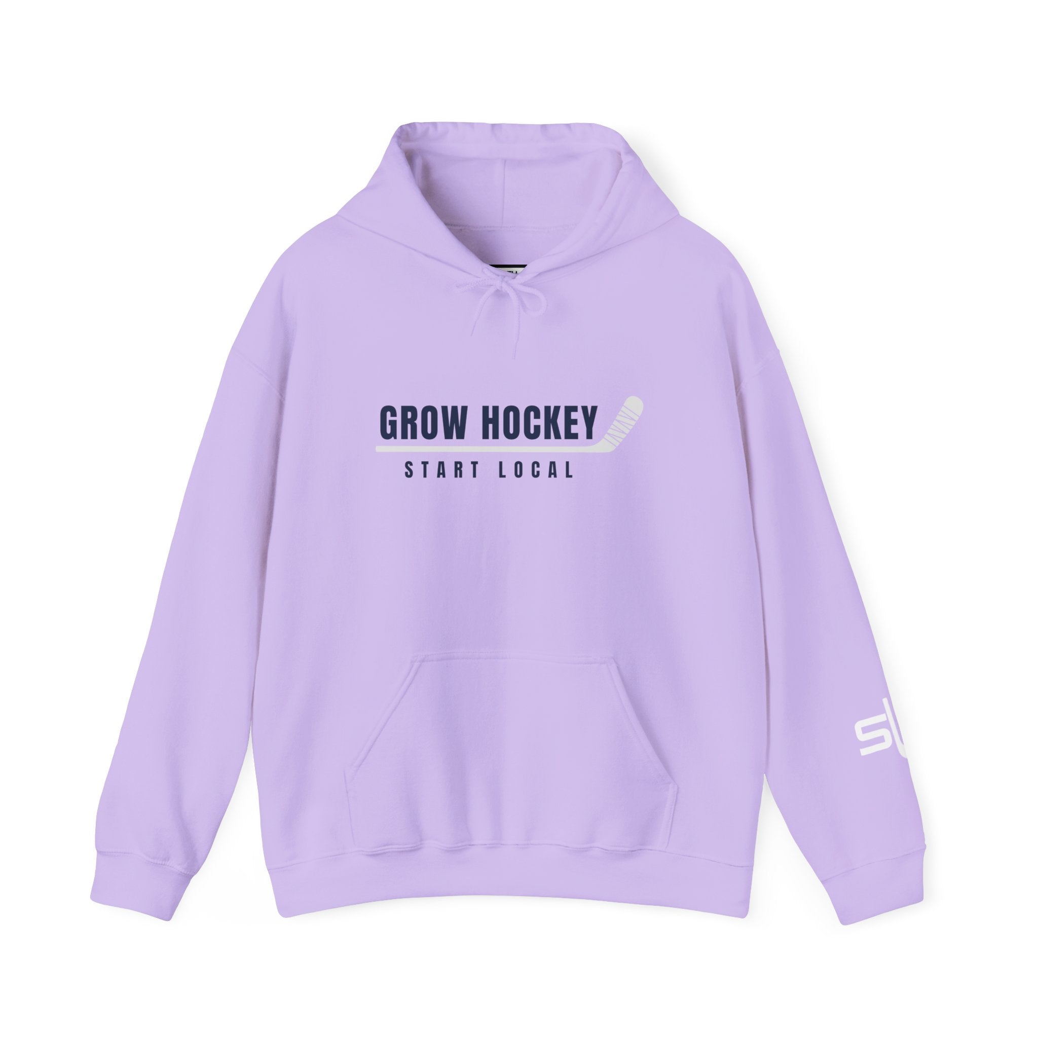Grow Hockey Start Local hoodie featuring bold GROW HOCKEY text with a taped hockey stick underline and START LOCAL below in clean athletic typography.