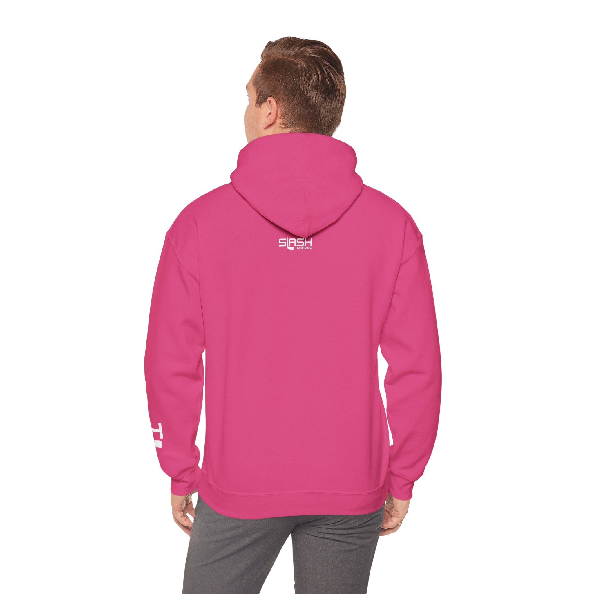 Male model shown from back wearing solid color Grow Hockey hoodie with clean minimalist rear design.