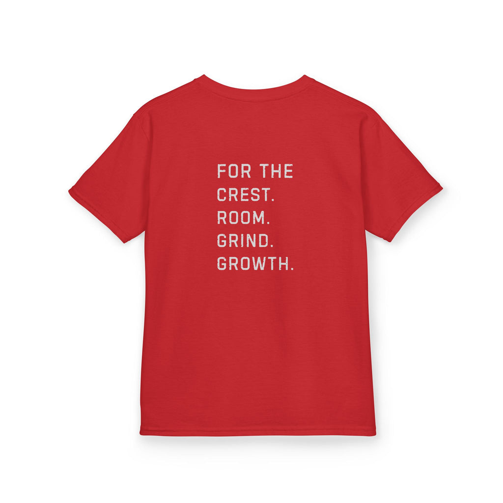Youth hockey t-shirt back design featuring “For the crest. For the rink. For the grind. For the growth.” message for young hockey players