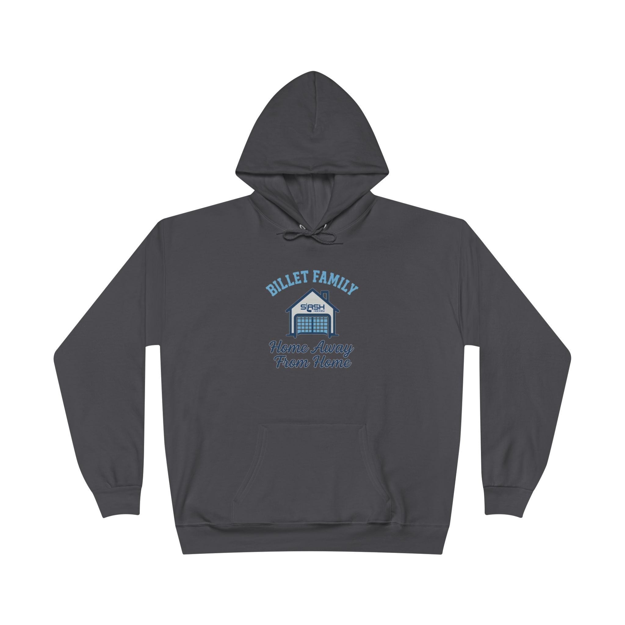 “Billet Family hockey hoodie front view — bold text design celebrating billet families, printed in navy, sky blue, and white on a premium cotton-blend hoodie.”