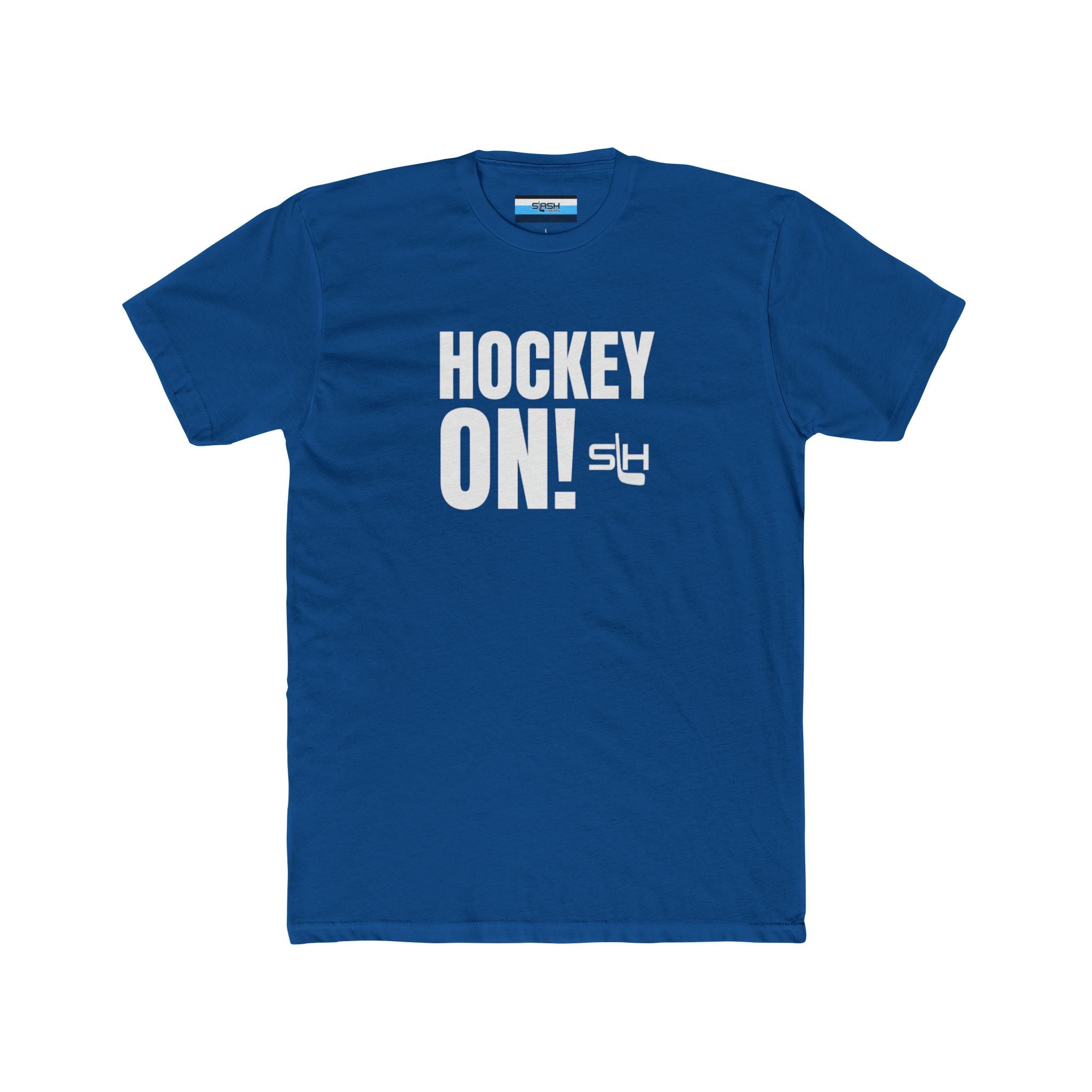 “Hockey On! t-shirt front view — bold varsity-style text design with hockey-inspired graphics in navy, sky blue, and white on premium cotton tee.”