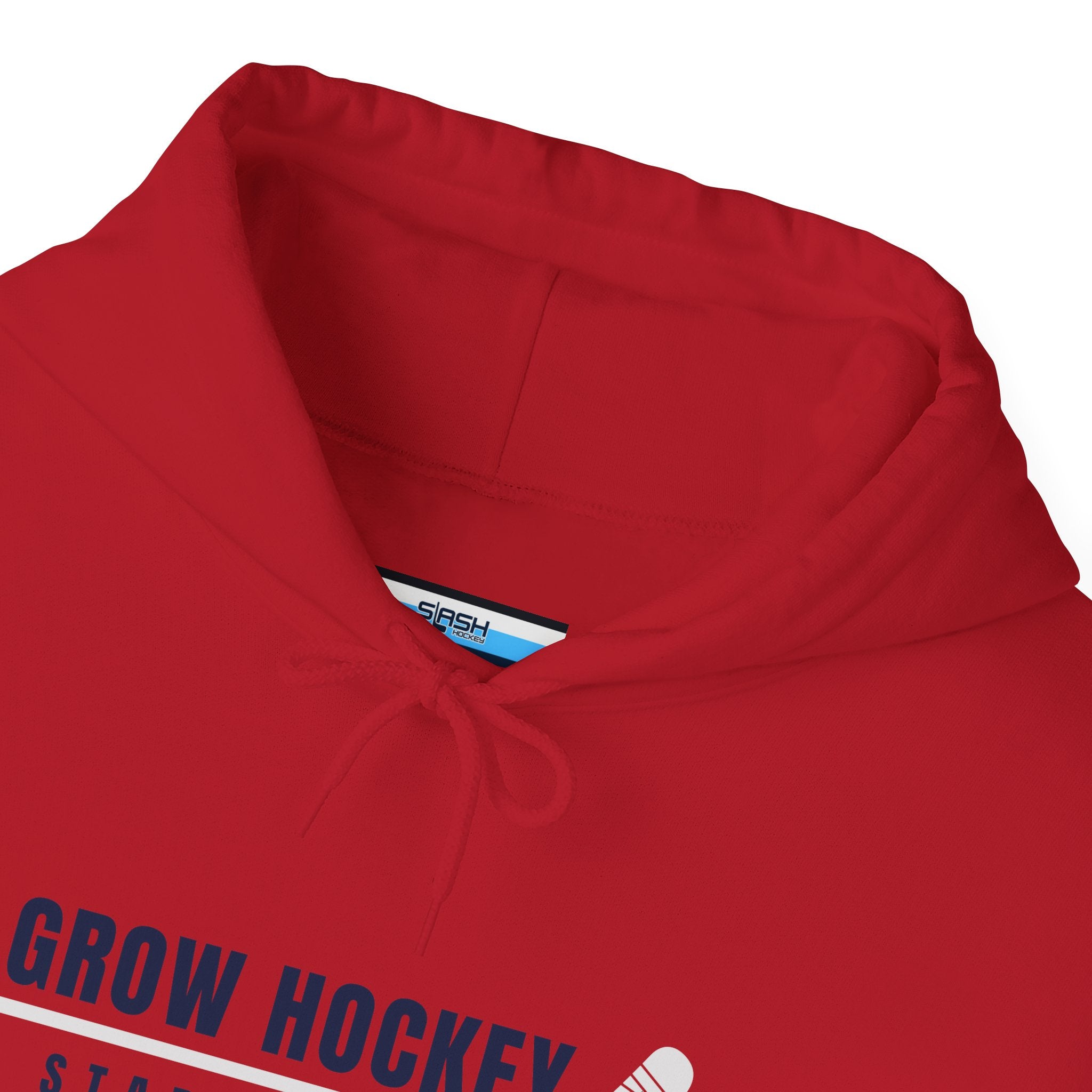 Inside collar tag of Grow Hockey hoodie with Slash Hockey branding and size information.
