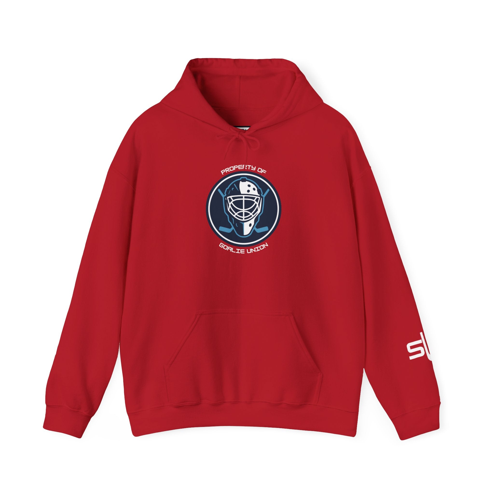 Front view of the Goalie Union Hoodie featuring the bold Goalie Union emblem, displayed flat for product detail.