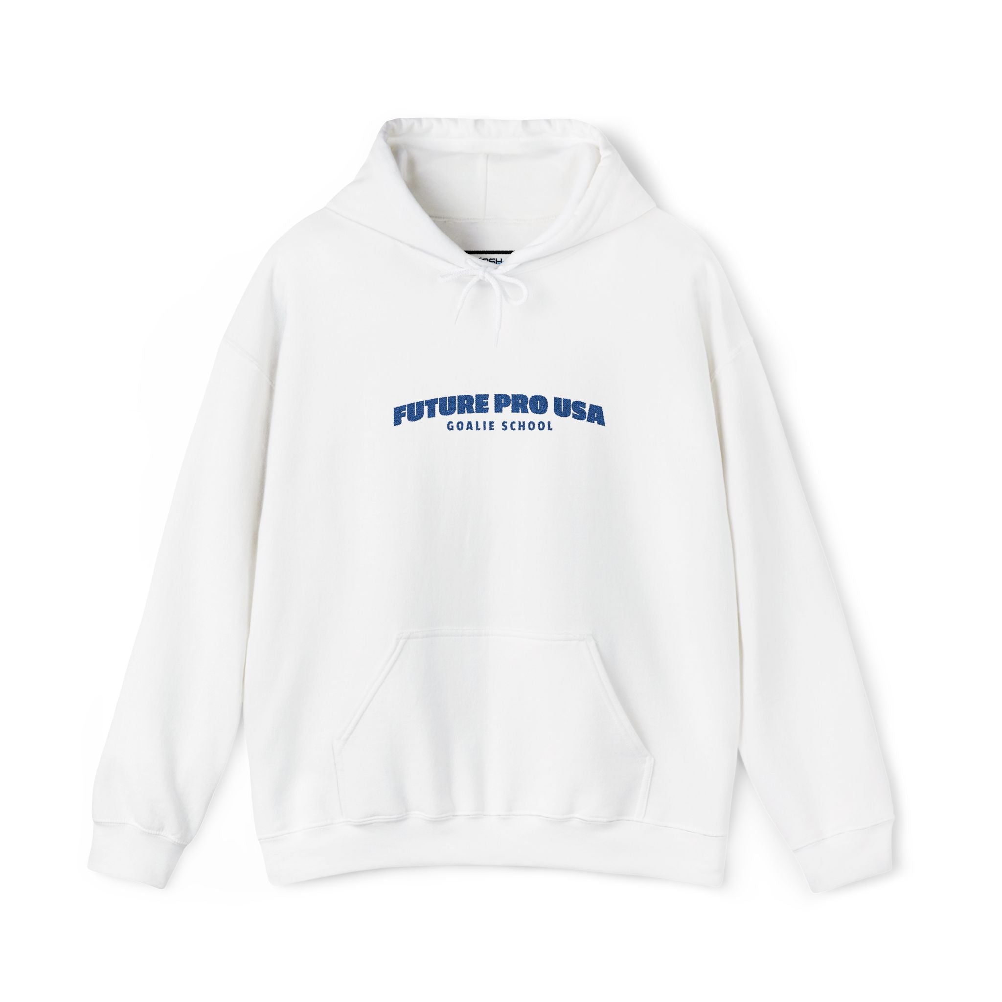 Front view of the white Banner Future Pro USA Goalie School Hoodie with bold banner graphic and front kangaroo pocket.