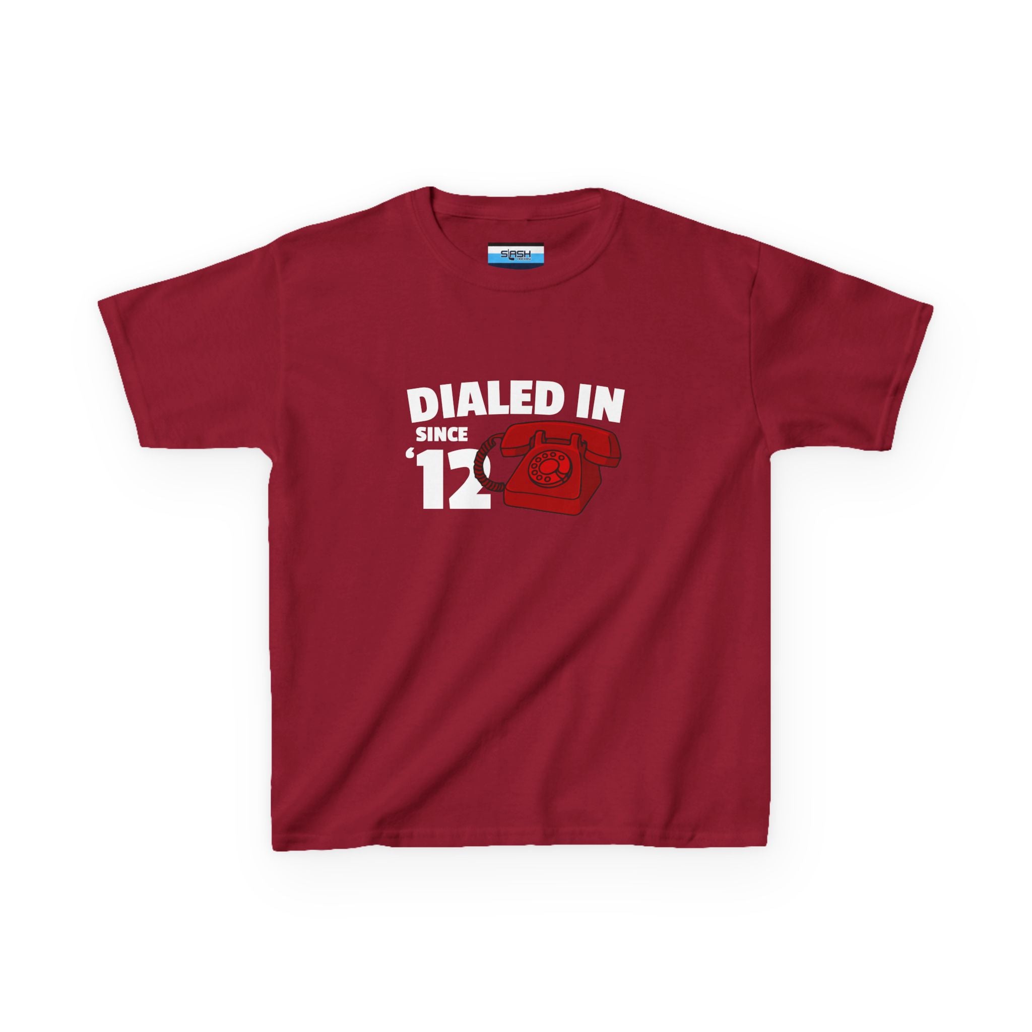 Youth Dialed In Since ’12 Tee, front view — youth hockey t-shirt featuring a bold “Dialed In Since ’12” graphic on the chest, clean athletic fit, displayed on a plain background.