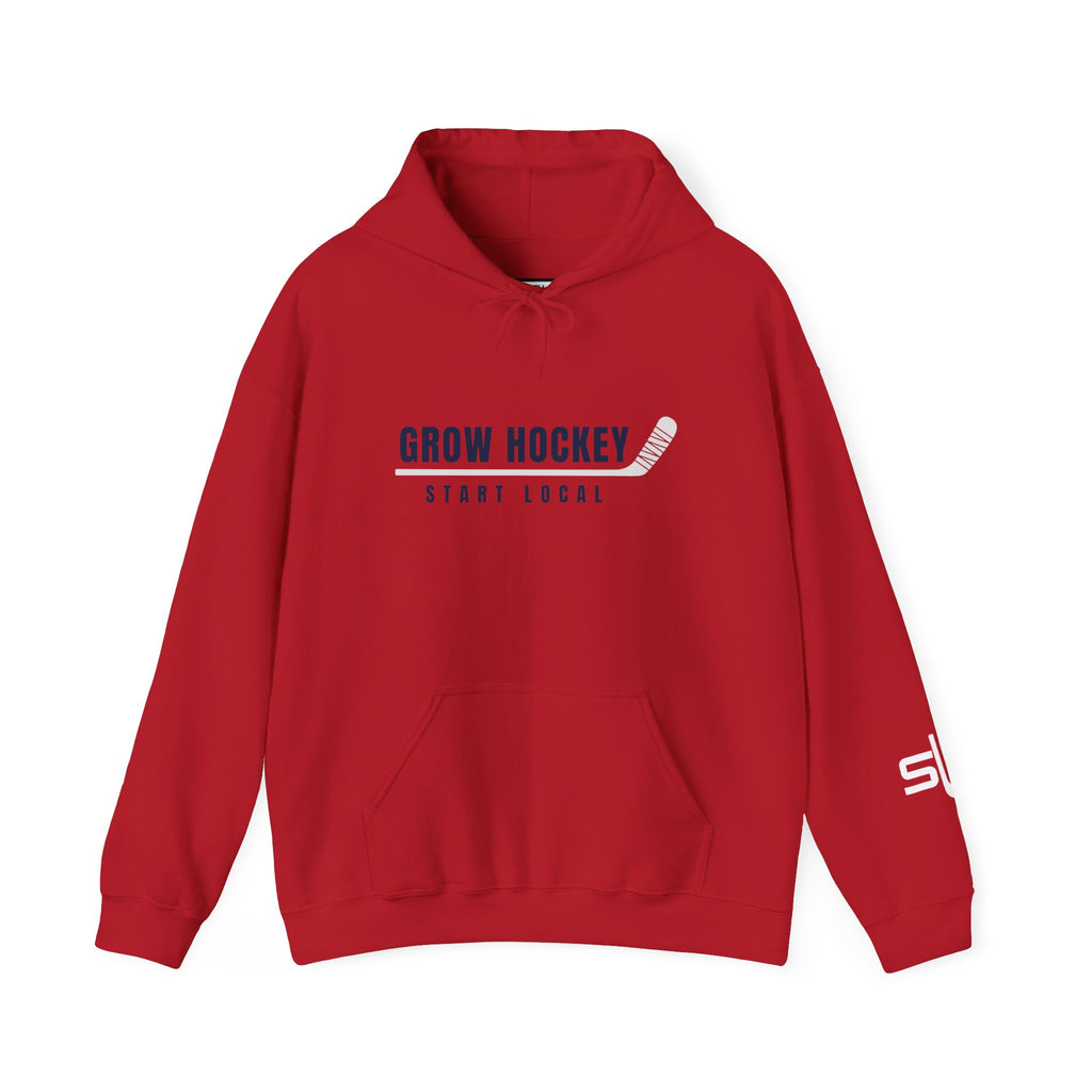 Grow Hockey Start Local hoodie featuring bold GROW HOCKEY text with a taped hockey stick underline and START LOCAL below in clean athletic typography.