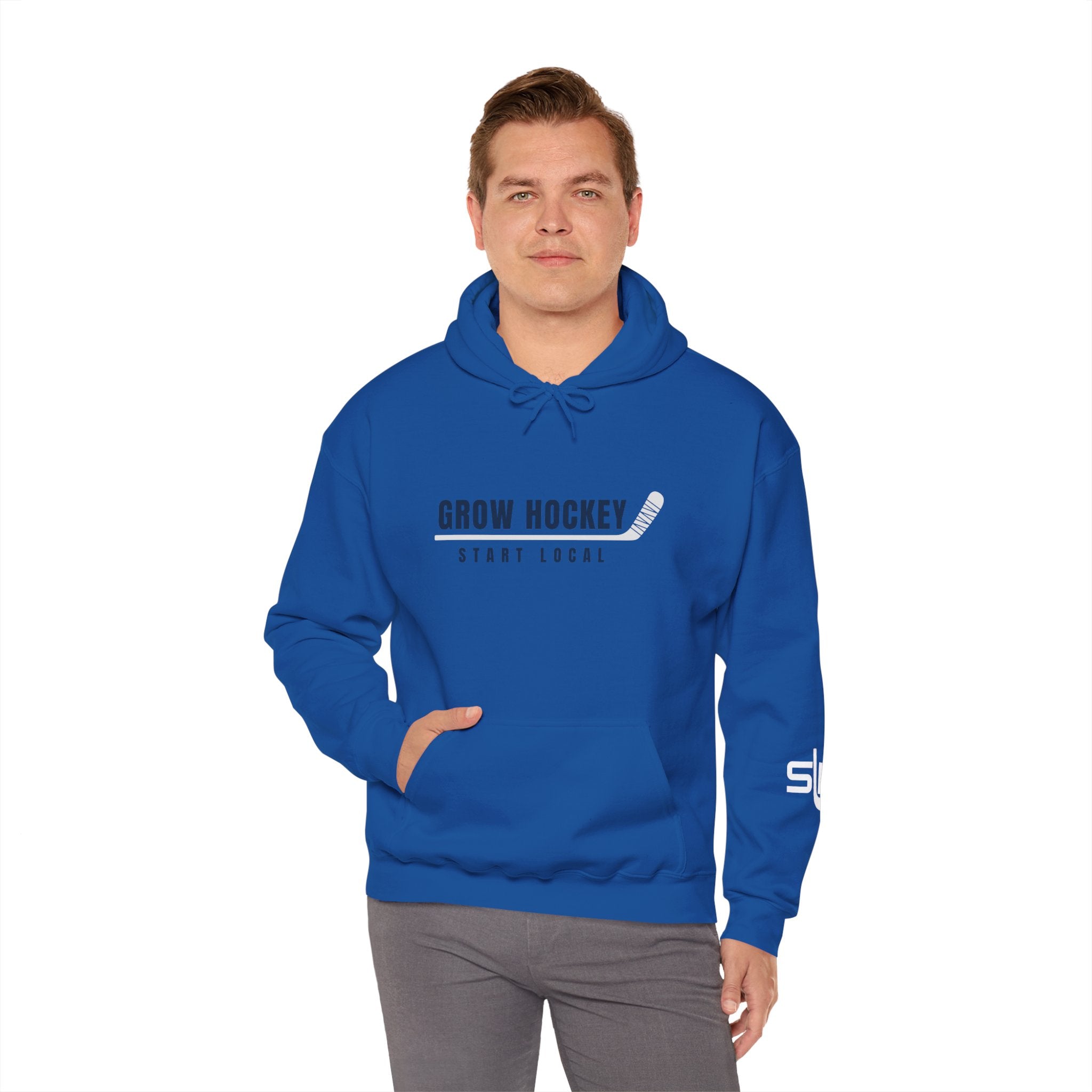 Male model wearing Grow Hockey Start Local hoodie with bold front graphic and taped hockey stick design.