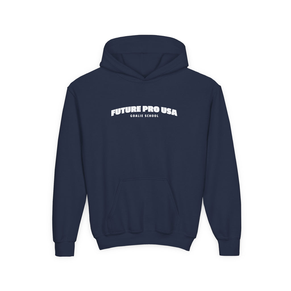 Youth hoodie in navy blue featuring the Future Pro USA Goalie School banner graphic on the front, displayed flat for product view.