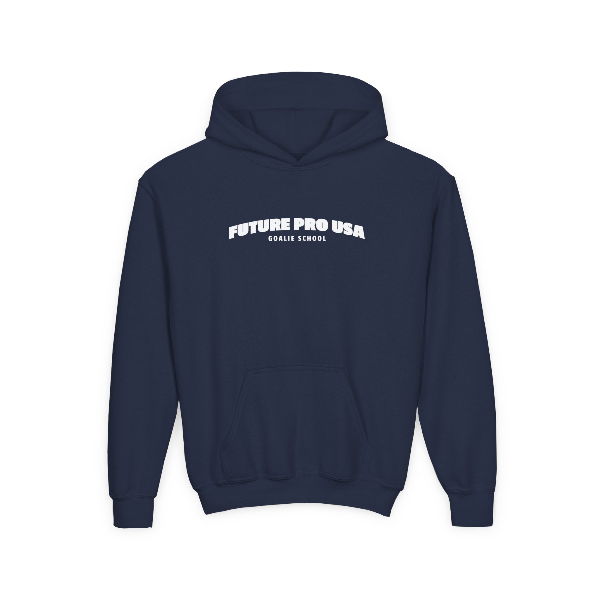 Youth hoodie in navy blue featuring the Future Pro USA Goalie School banner graphic on the front, displayed flat for product view.