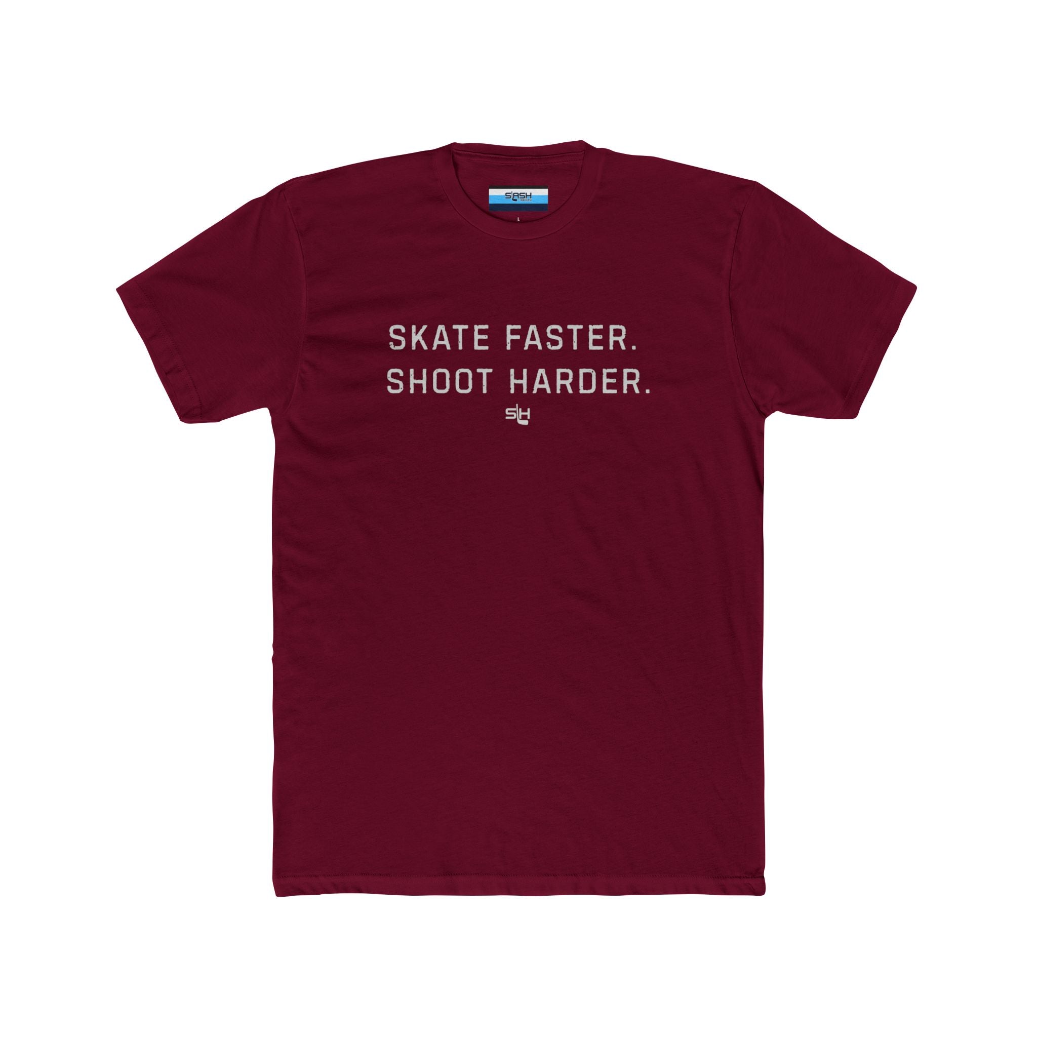 Red Skate Faster Shoot Harder funny hockey t-shirt with bold white lettering on the chest by Slash Hockey.