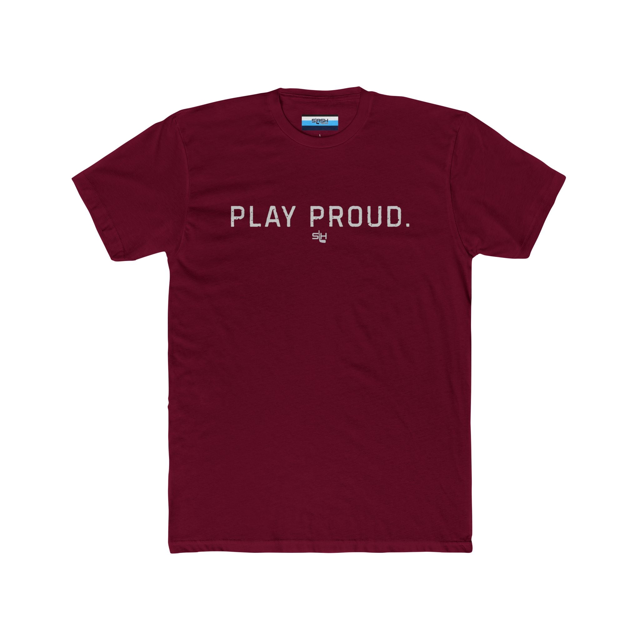 Play Proud hockey t-shirt front design featuring bold athletic block lettering 