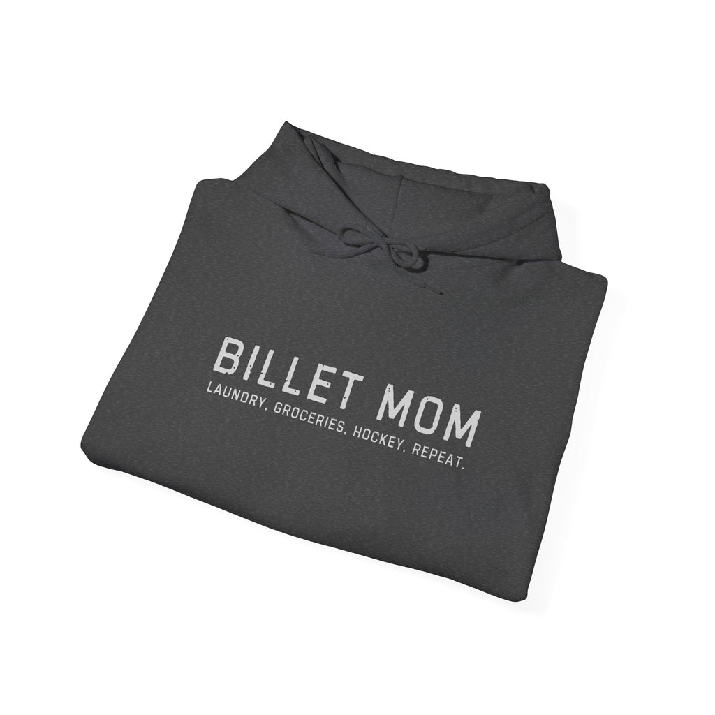 Folded Billet Mom hoodie showing minimalist hockey billet family design