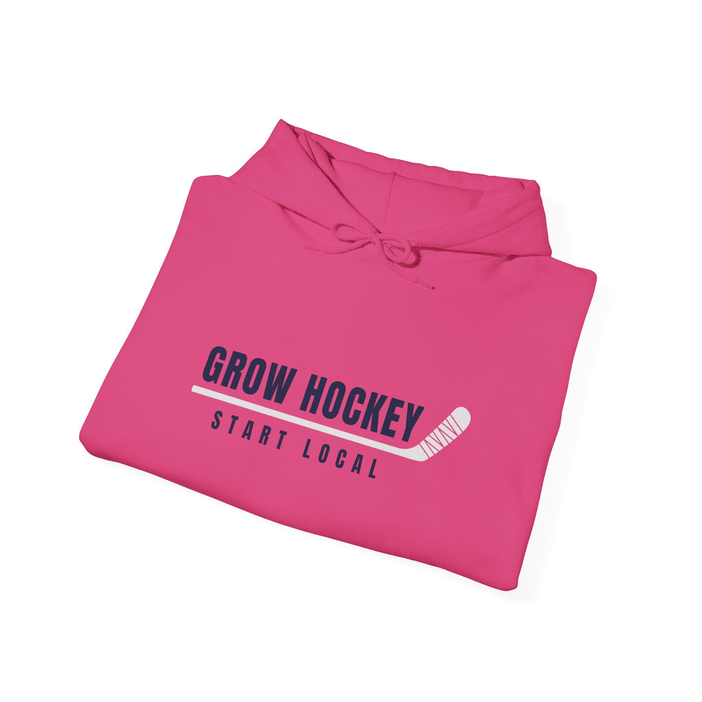 Folded Grow Hockey Start Local hoodie showing bold front graphic with taped hockey stick detail.