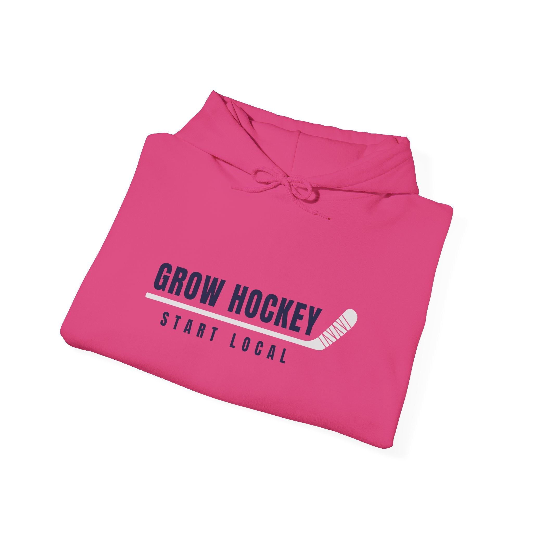 Folded Grow Hockey Start Local hoodie showing bold front graphic with taped hockey stick detail.