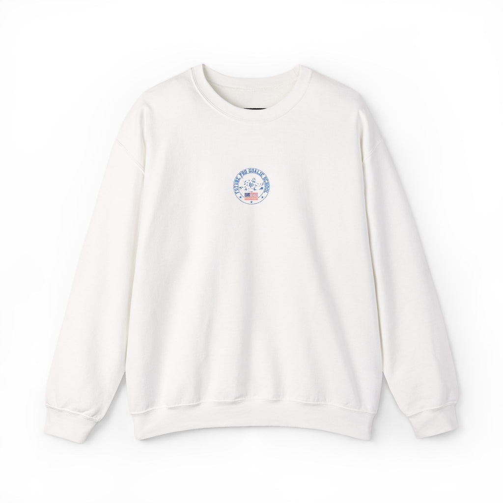 Front view of the white Future Pro USA Goalie School Crewneck featuring a subtle embroidered left-chest emblem and ribbed collar, cuffs, and hem.