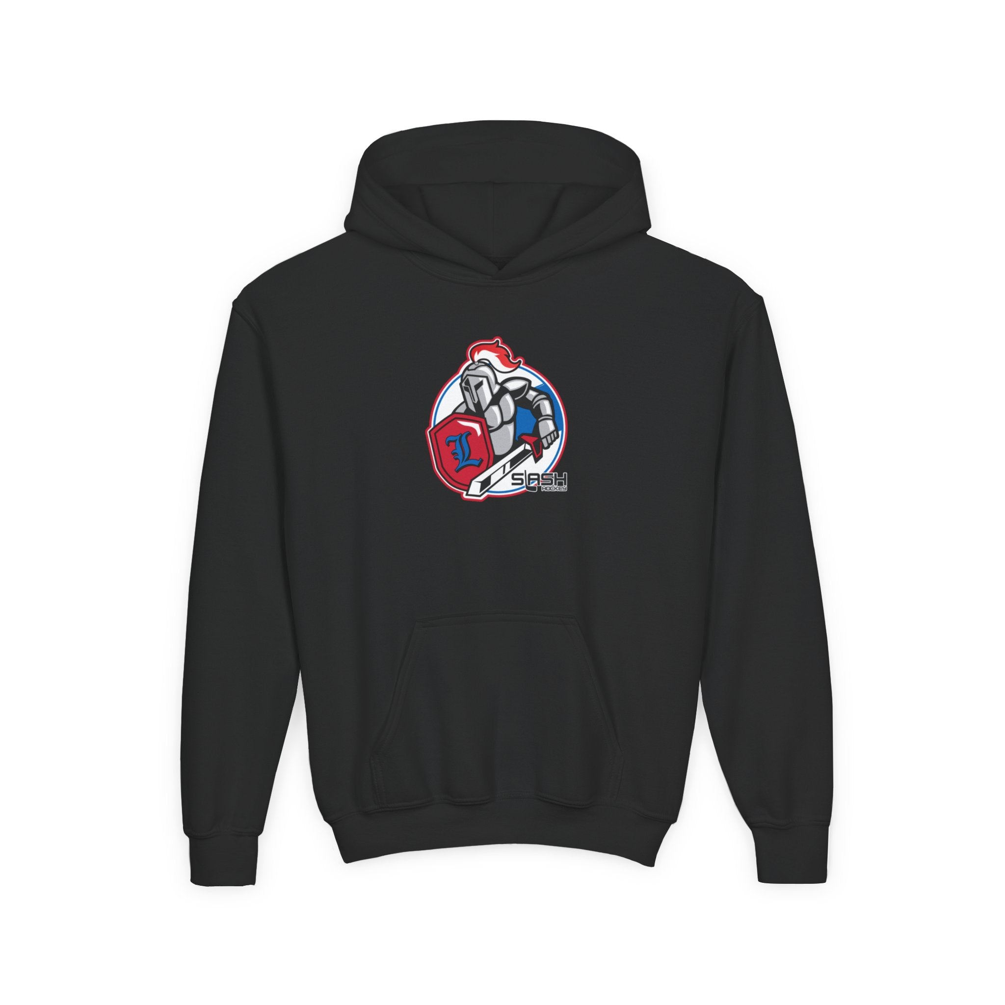 LHA Youth Hockey Hoodie front view — Livonia Hockey Association logo in team colors printed on premium cotton-blend youth hoodie.