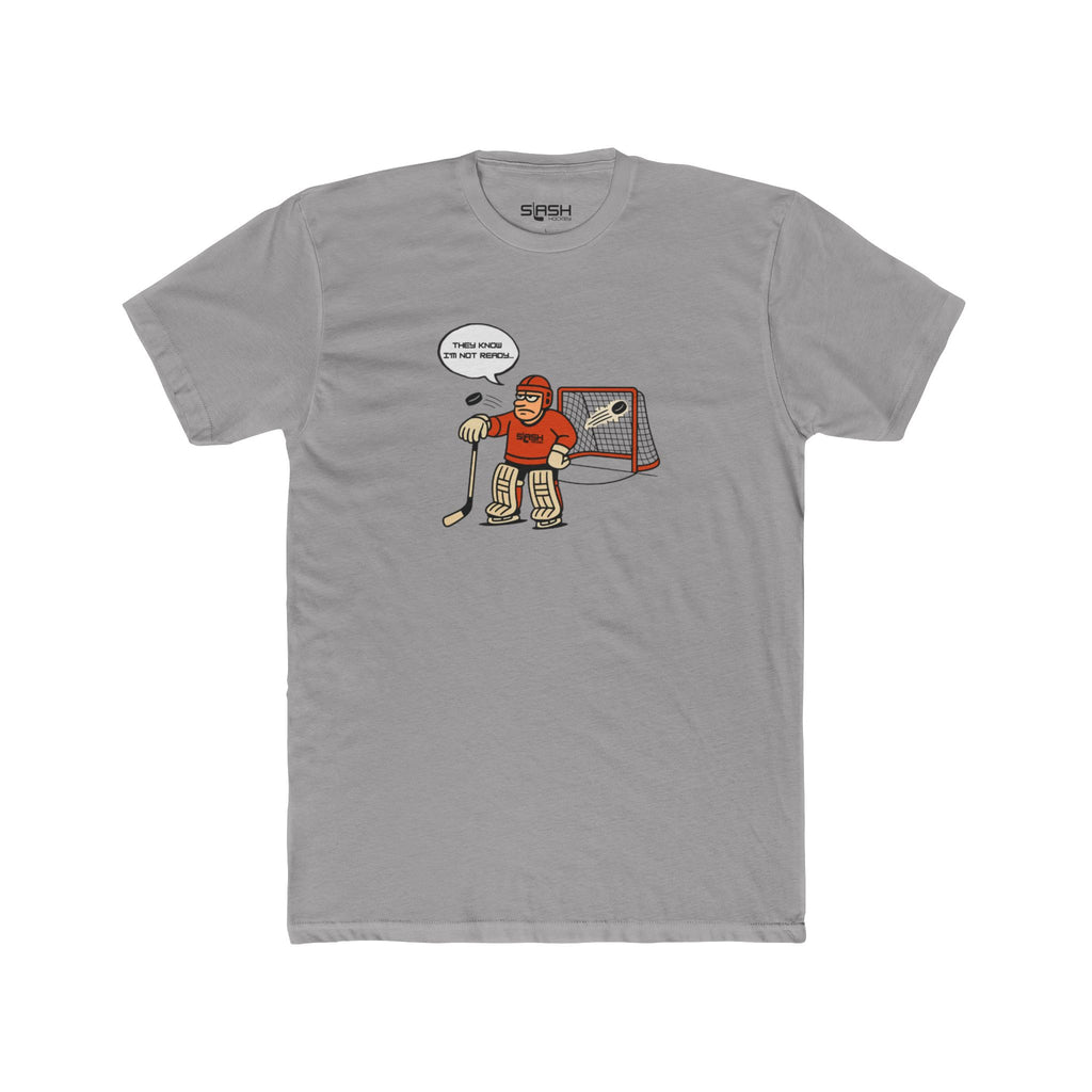 Mad Goalie Tee front view — bold goalie-inspired graphic in Slash Hockey brand colors. Unisex short-sleeve t-shirt displayed flat, highlighting the front design.