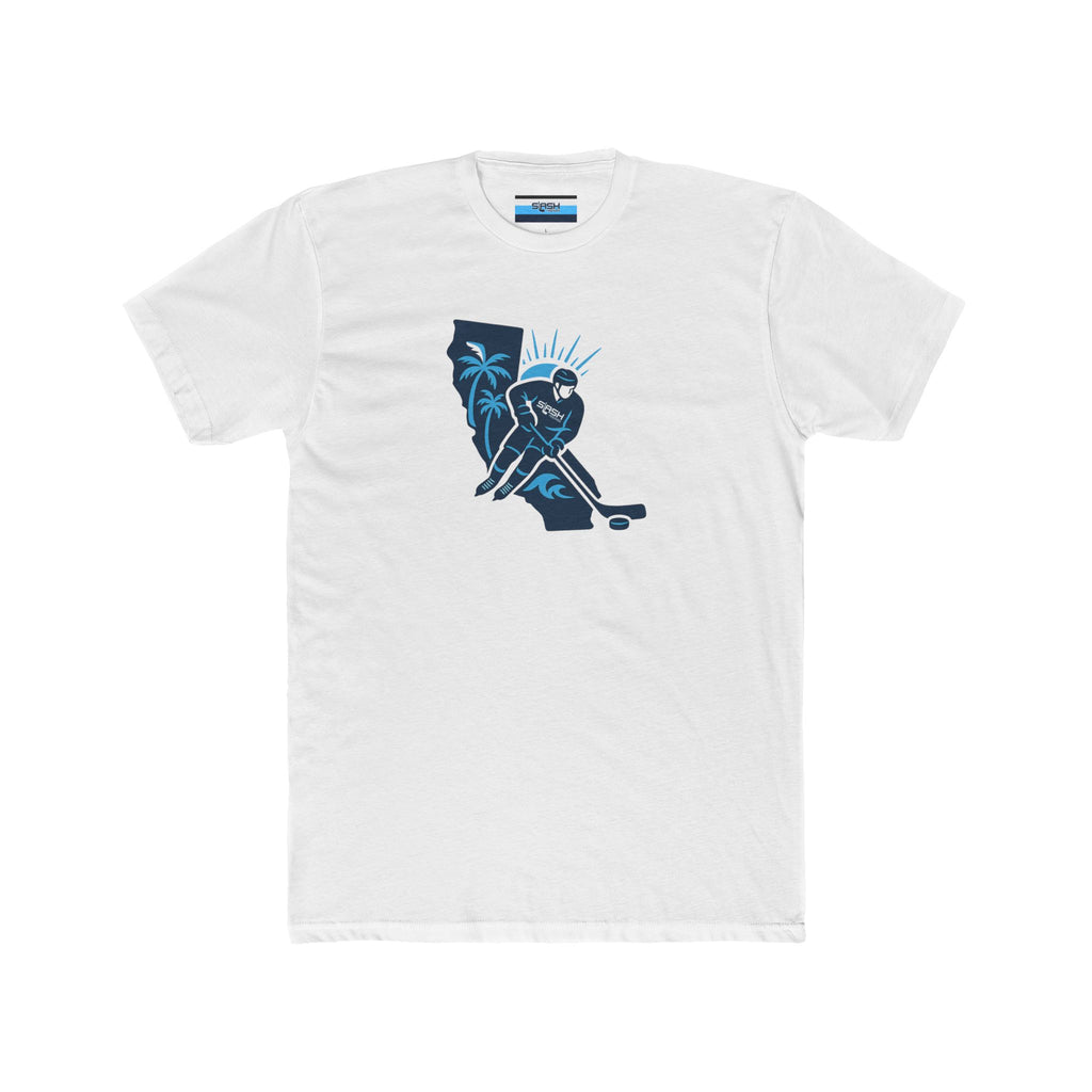 California Hockey Tee front view — bold, clean design blending the California state outline with hockey elements in Slash Hockey brand colors. Unisex short-sleeve t-shirt displayed flat.