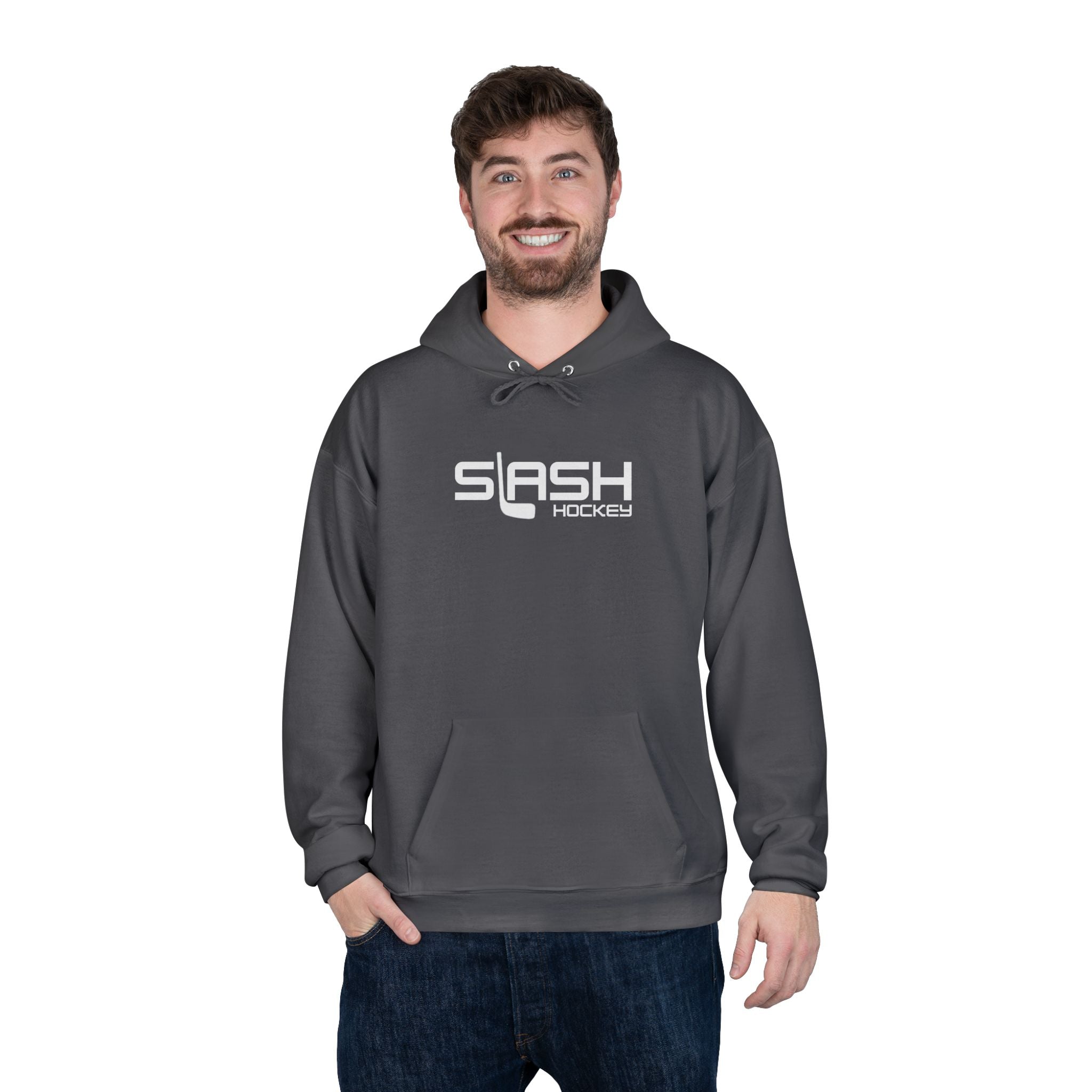Male model wearing Mini Stick Hockey GOAT Hoodie, casual hockey streetwear style for players and fans