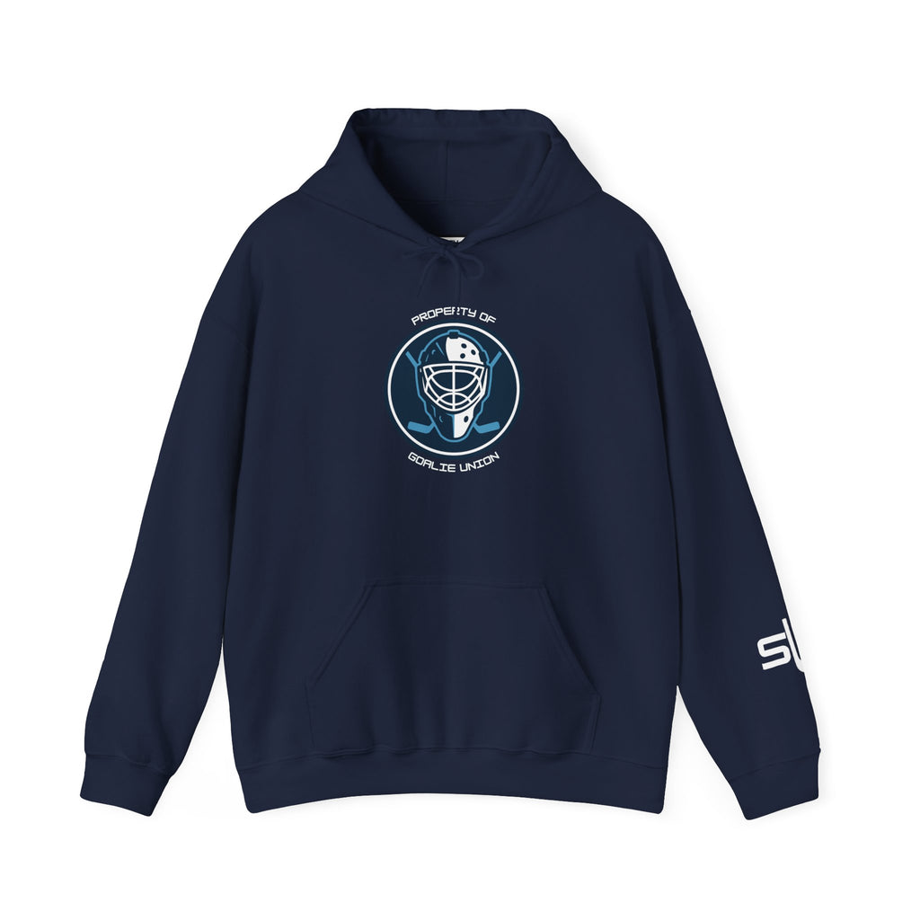 Front view of the Goalie Union Hoodie featuring the bold Goalie Union emblem, displayed flat for product detail.