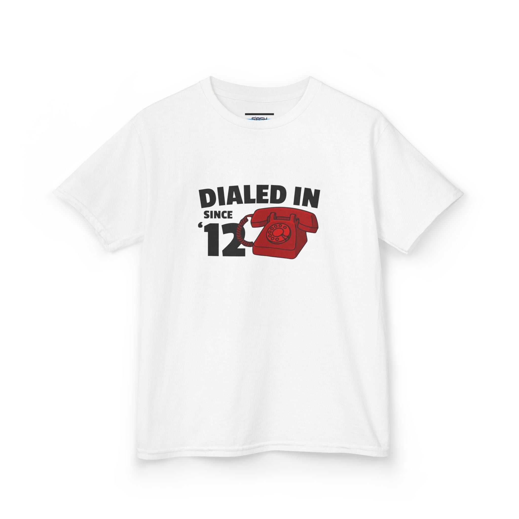 Youth Dialed In Since ’12 Tee, front view — youth hockey t-shirt featuring a bold “Dialed In Since ’12” graphic on the chest, clean athletic fit, displayed on a plain background.