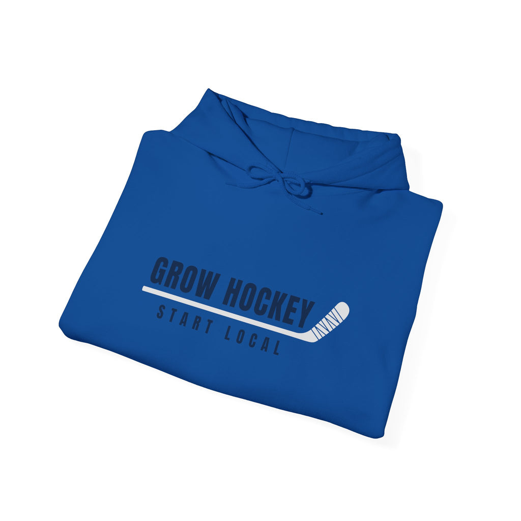 Folded Grow Hockey Start Local hoodie showing bold front graphic with taped hockey stick detail.